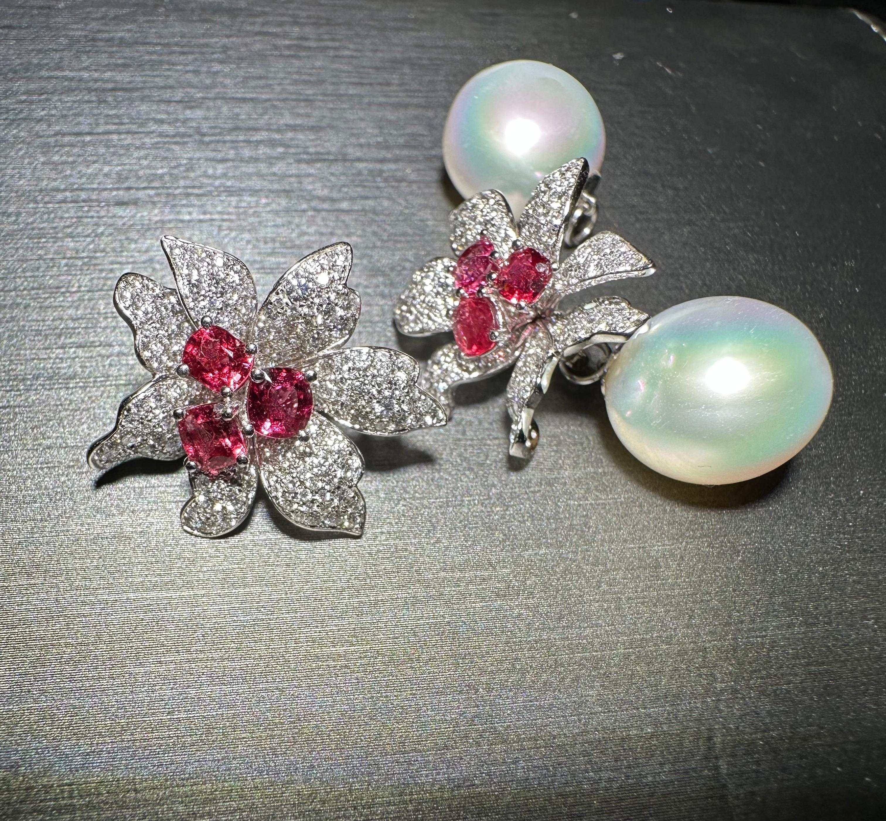 Eostre Spinel South Sea Pearls and Diamond 18K White Gold Earring In New Condition For Sale In Melbourne, AU