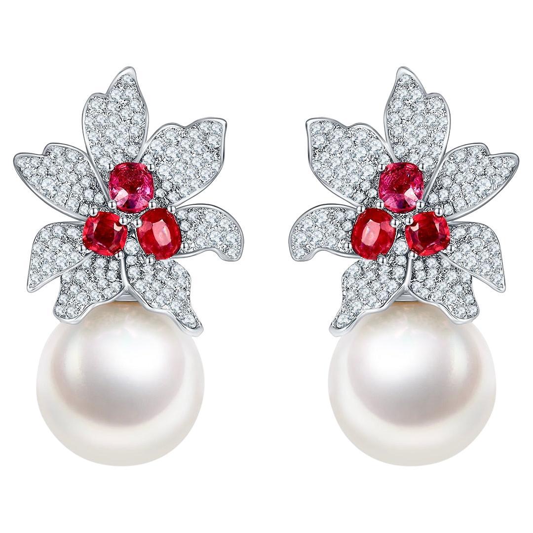 Boucles d'oreilles en or blanc 18 carats avec émeraude, perles des mers du Sud et diamants