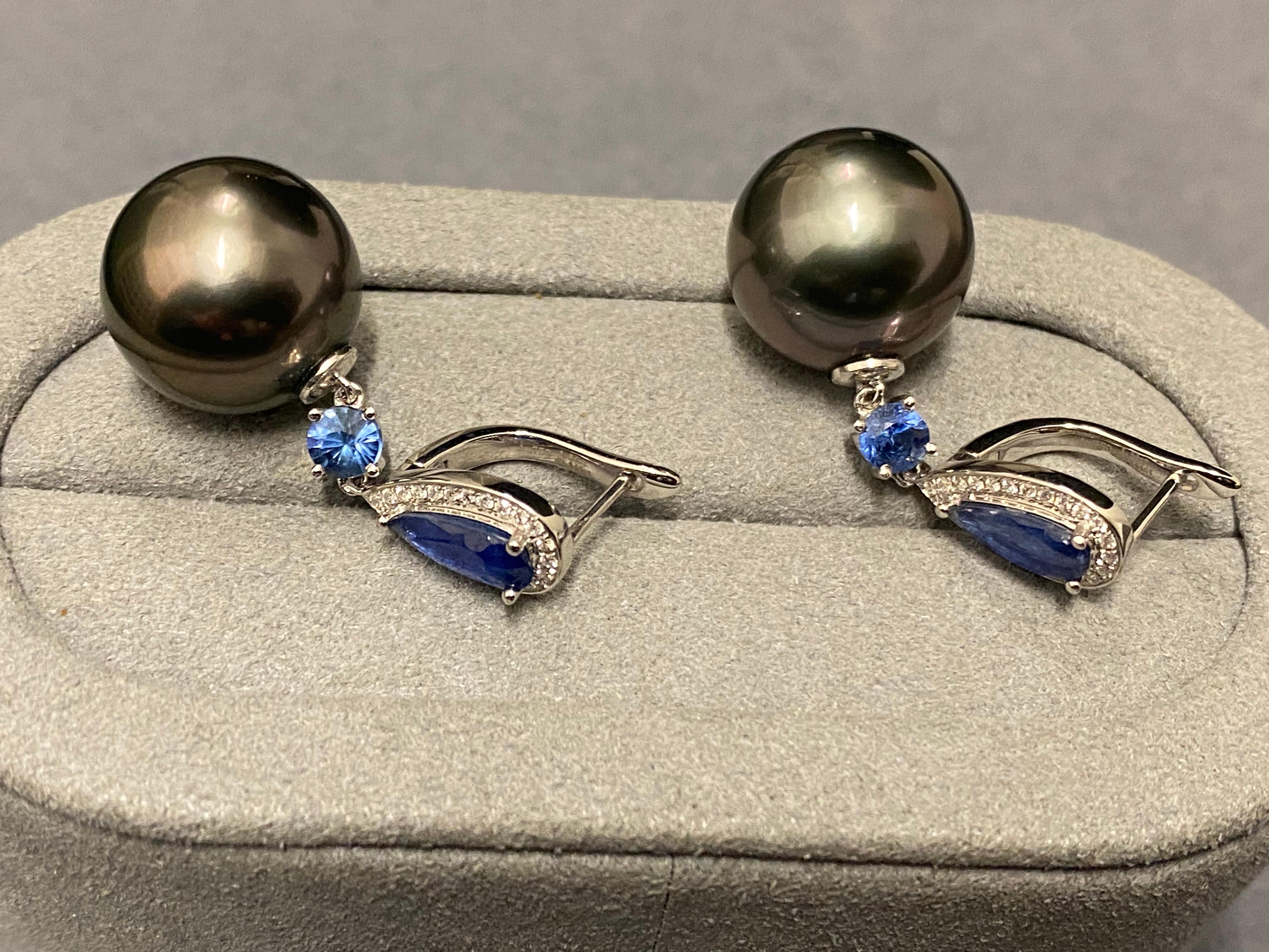 Contemporary Eostre Tahitian Pearl, Blue Sapphire and Diamond Earrings in 18k White Gold For Sale
