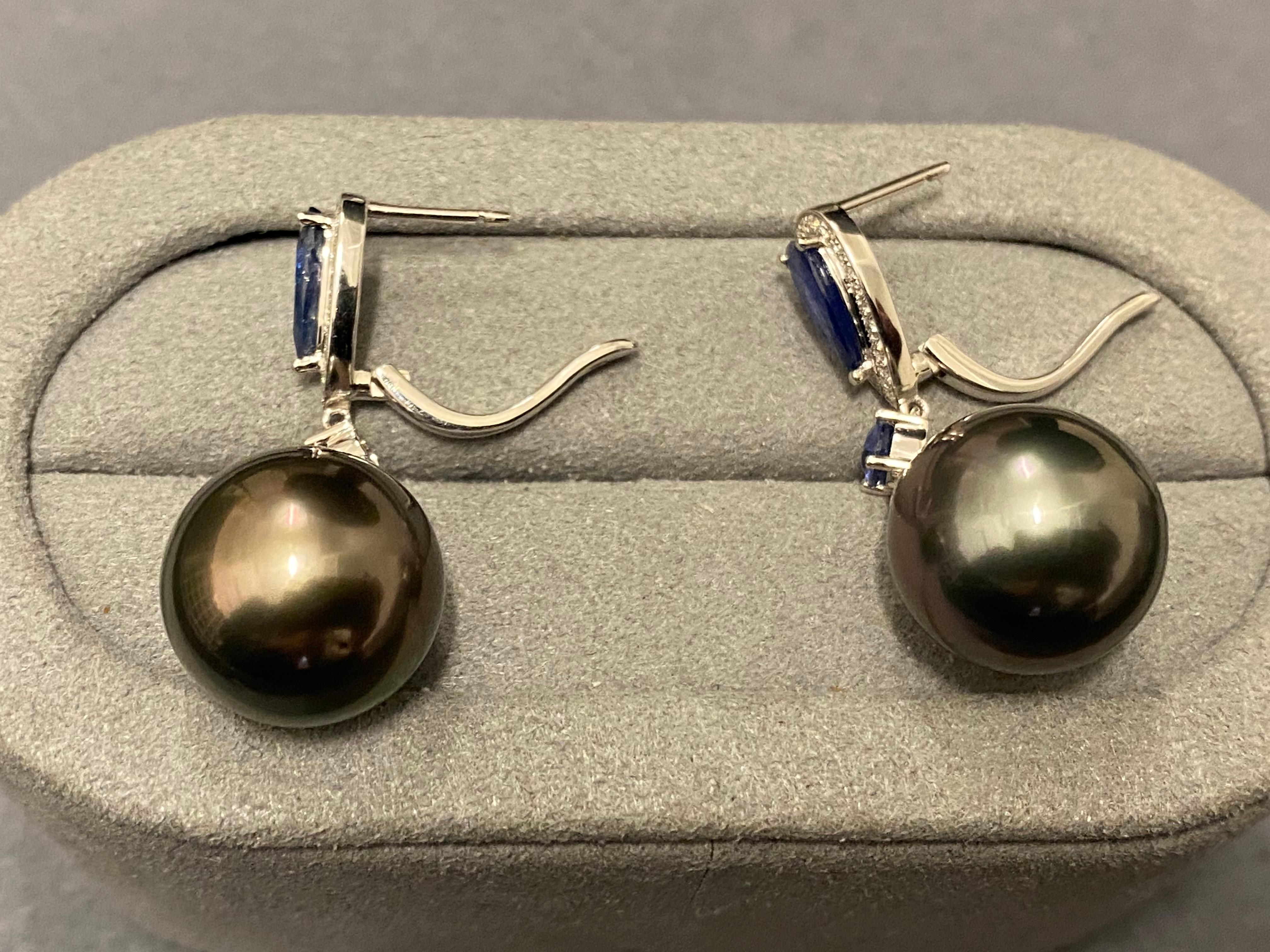 Bead Eostre Tahitian Pearl, Blue Sapphire and Diamond Earrings in 18k White Gold For Sale