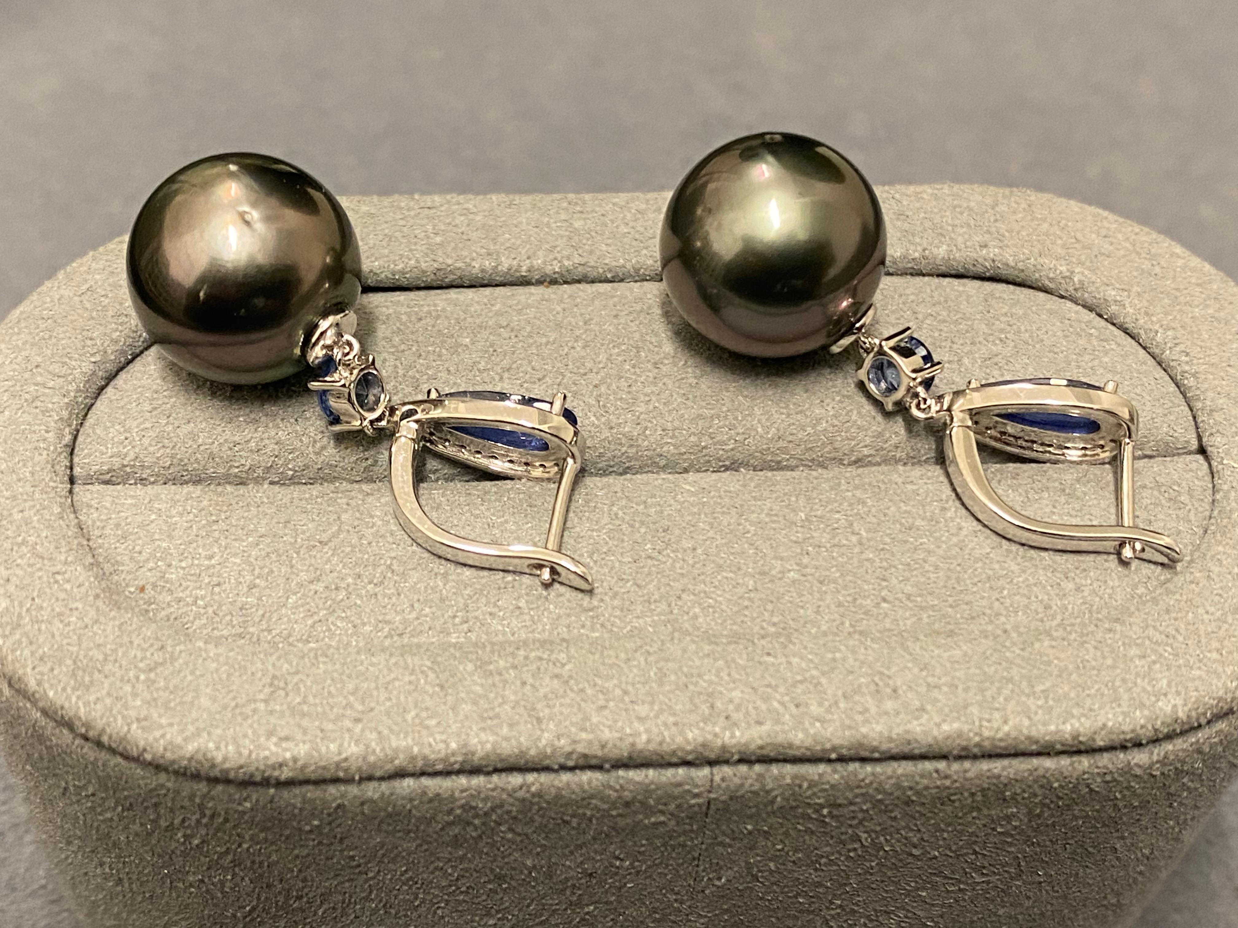 Eostre Tahitian Pearl, Blue Sapphire and Diamond Earrings in 18k White Gold In New Condition For Sale In Melbourne, AU