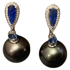 Eostre Tahitian Pearl, Blue Sapphire and Diamond Earrings in 18k White Gold
