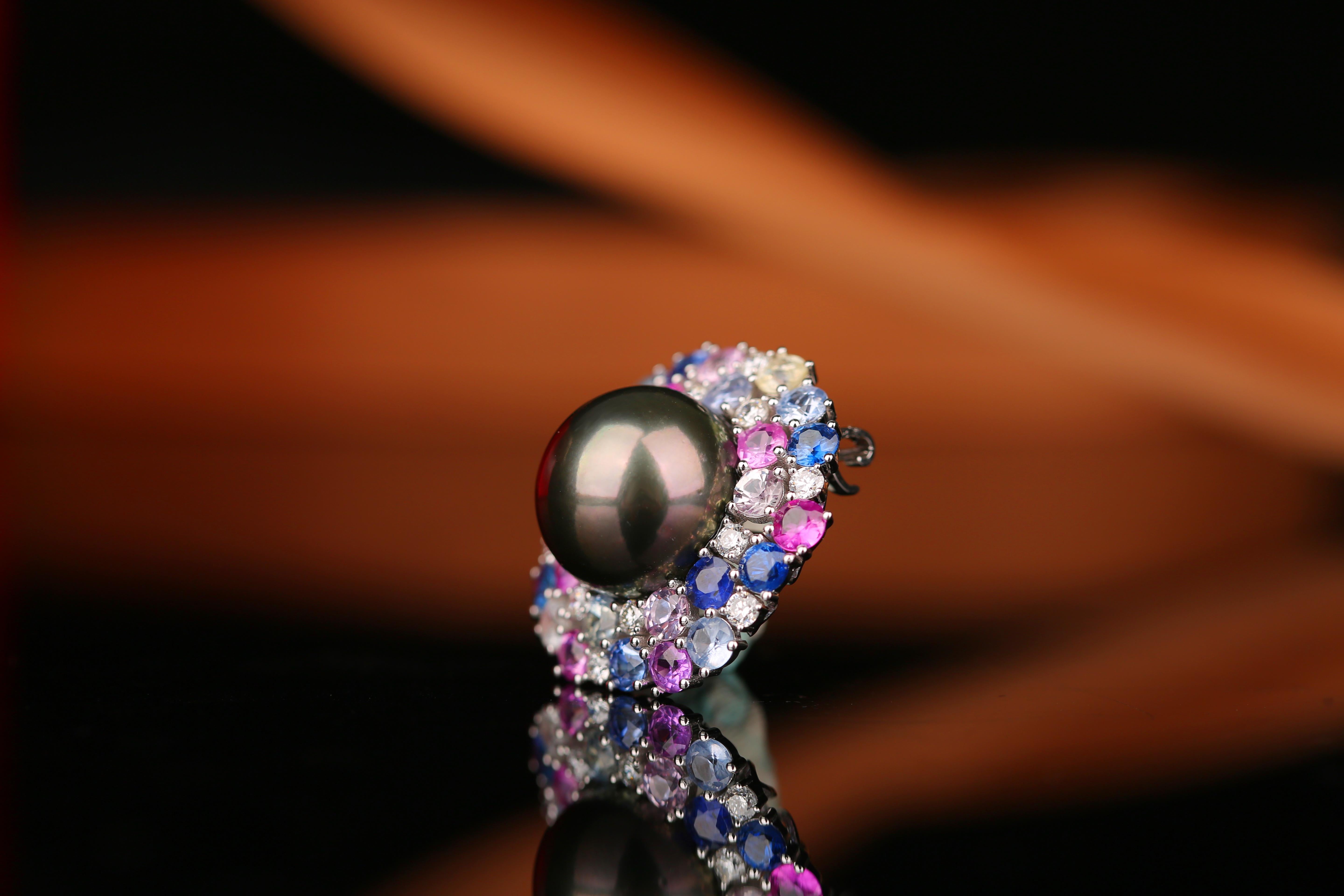Contemporary Eostre Tahitian Pearl, Fancy Sapphire and Diamond Pendant Brooch in white Gold For Sale