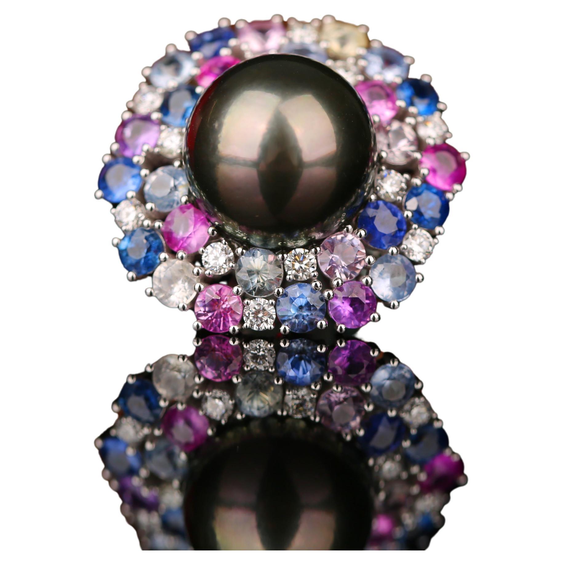 Eostre Tahitian Pearl, Fancy Sapphire and Diamond Pendant Brooch in white Gold For Sale