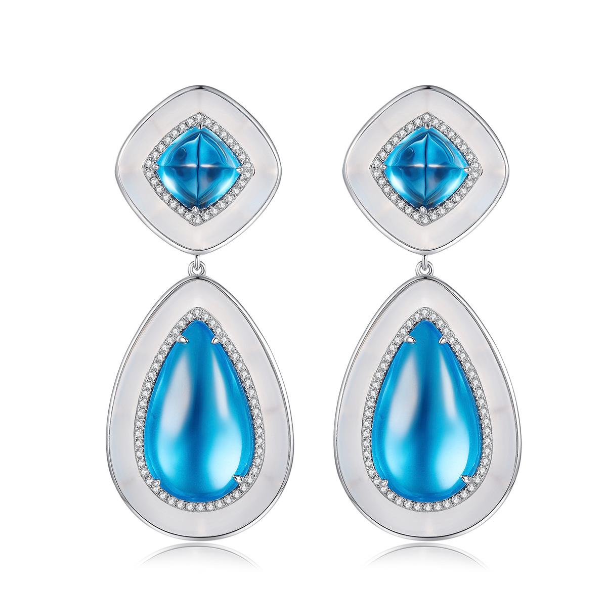 Cabochon Orecchino in oro bianco con cristallo di rocca e diamante Topazio Eostre in vendita