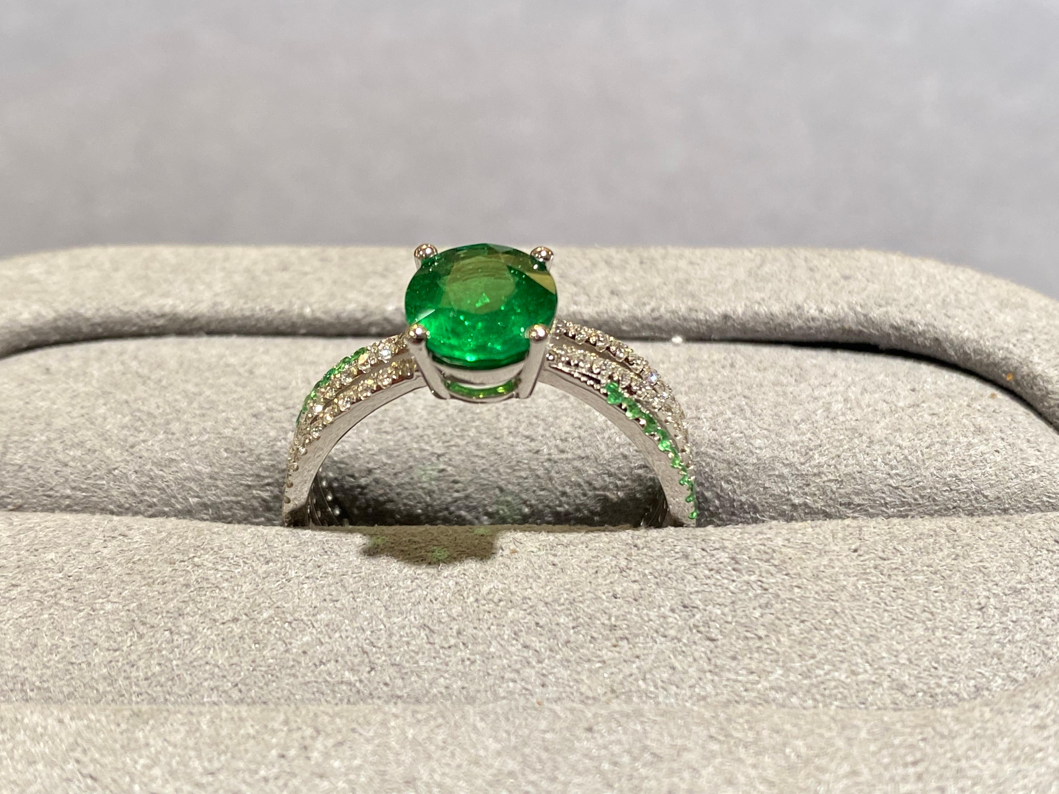 Contemporary Eostre Tsavorite and Diamond Ring in 18k White Gold For Sale