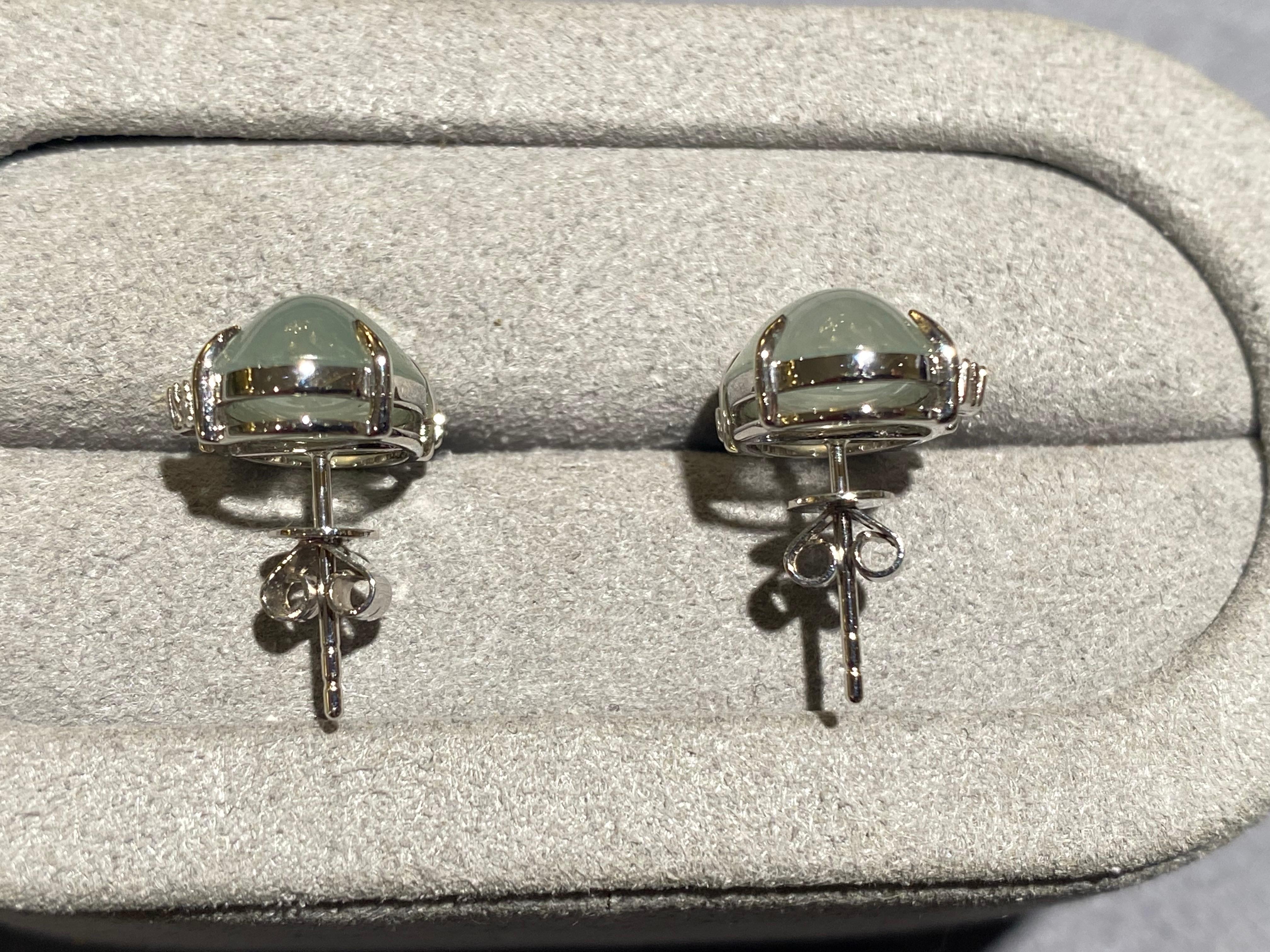 Cabochon Eostre Type A Green Jadeite and Diamond Earrings in 18k White Gold For Sale