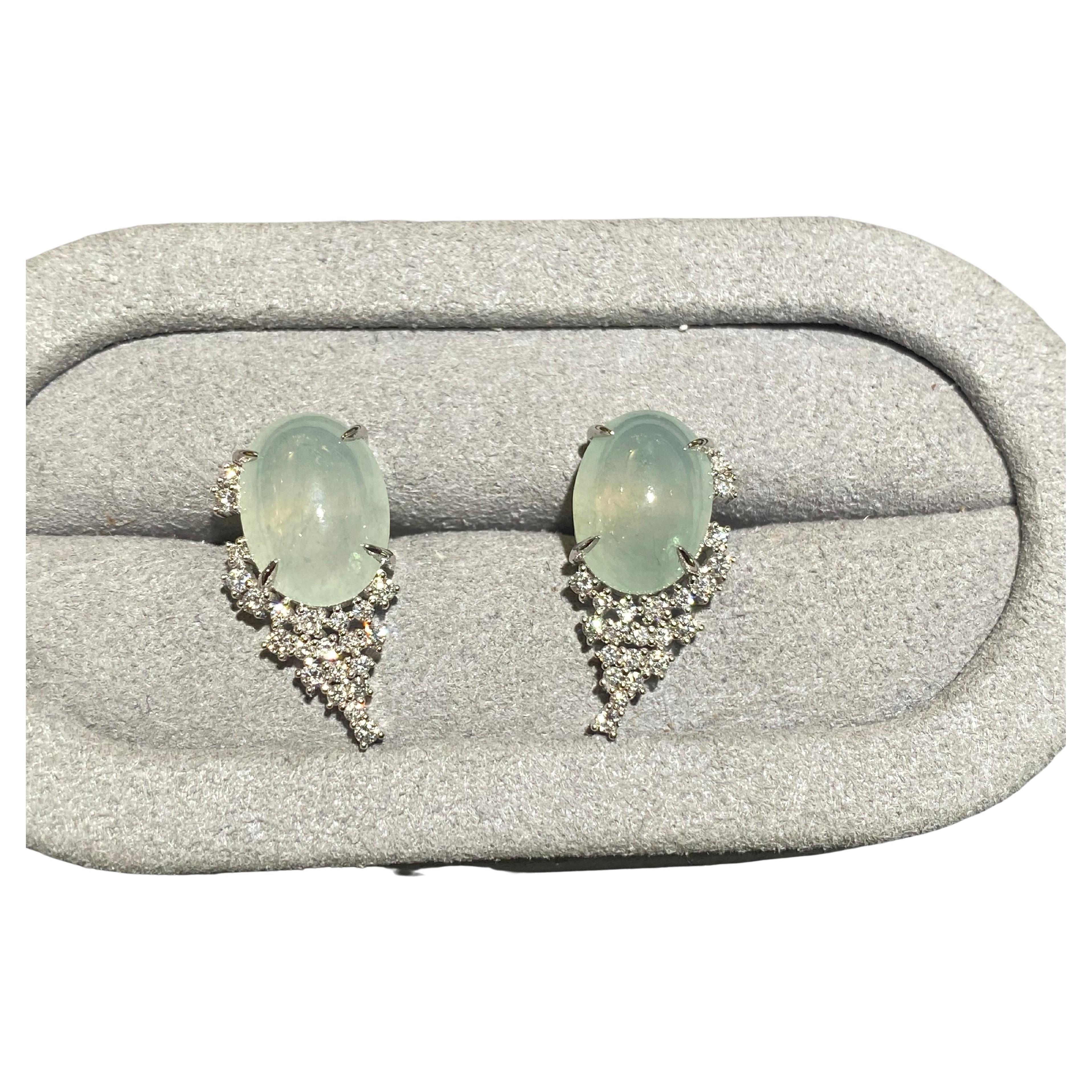 Eostre Type A Green Jadeite and Diamond Earrings in 18k White Gold For Sale