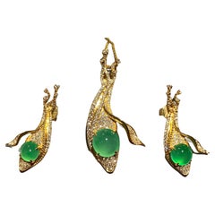 Eostre Type A Green Jadeite and Diamond Pendant Earring Set in 18k Yellow Gold