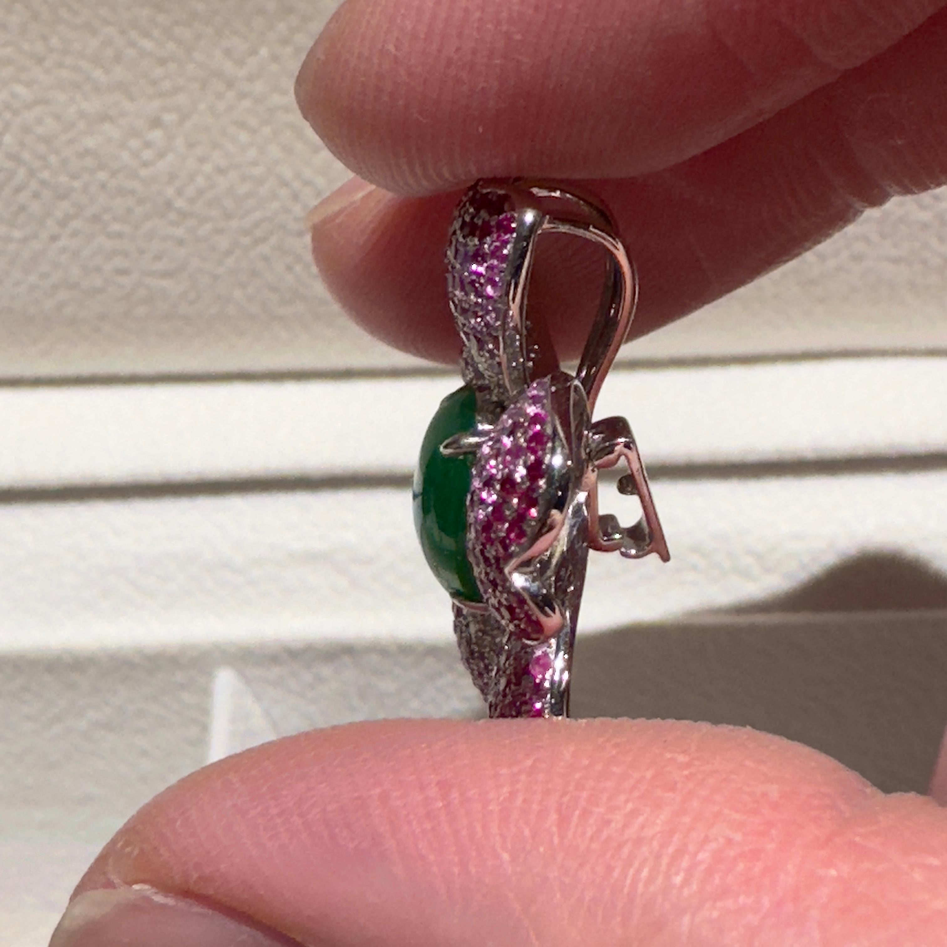 Contemporary Eostre Type A Green Jadeite, Pink Sapphire and Diamond Pendant Ring in 18k Gold For Sale
