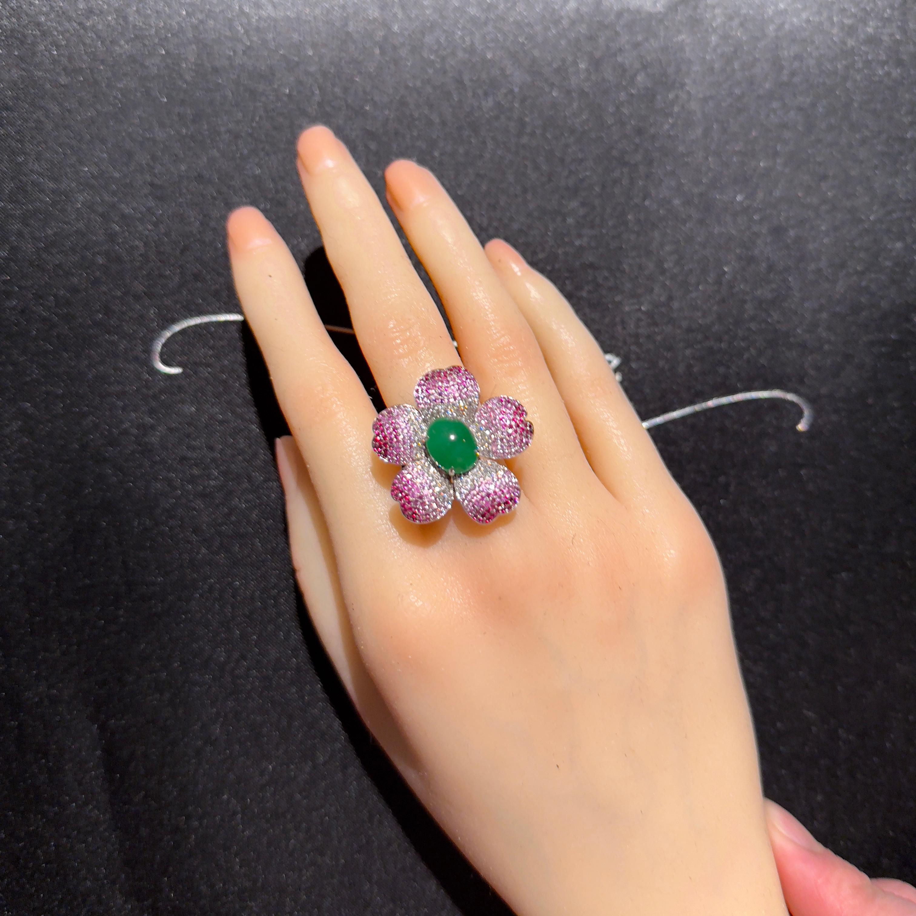 Cabochon Eostre Type A Green Jadeite, Pink Sapphire and Diamond Pendant Ring in 18k Gold For Sale