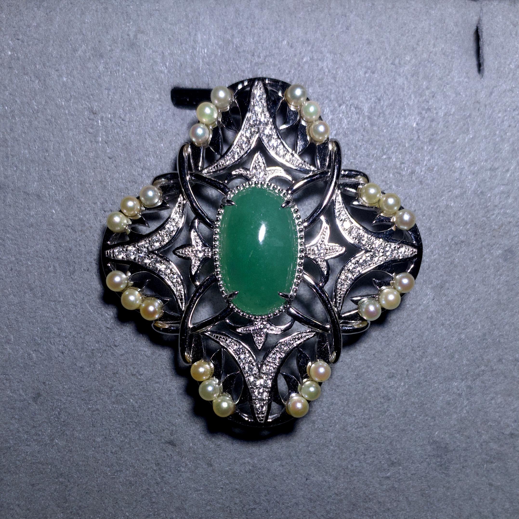 Cabochon Eostre Type A Green Jadeite, Seed Pearl and Diamond Pendant in 18k White Gold For Sale