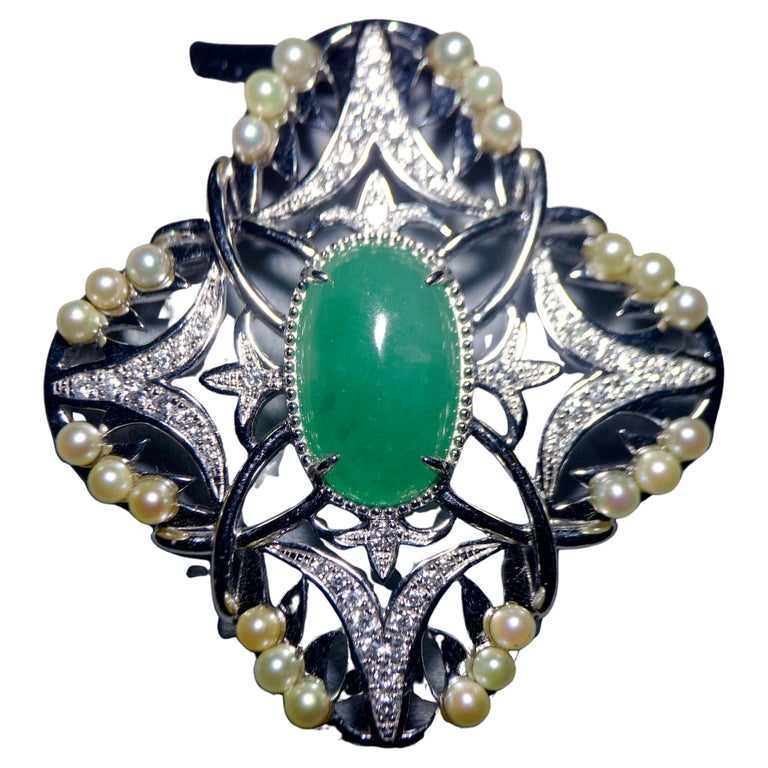 Pendentif-Broche En Or Blanc 18k Avec Jade Jadéite Et Diamants - Style Art Déco - Occasion