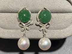 Eostre Type A Green Jadeite, South Sea Pearl and Diamond Earrings in 18k Gold