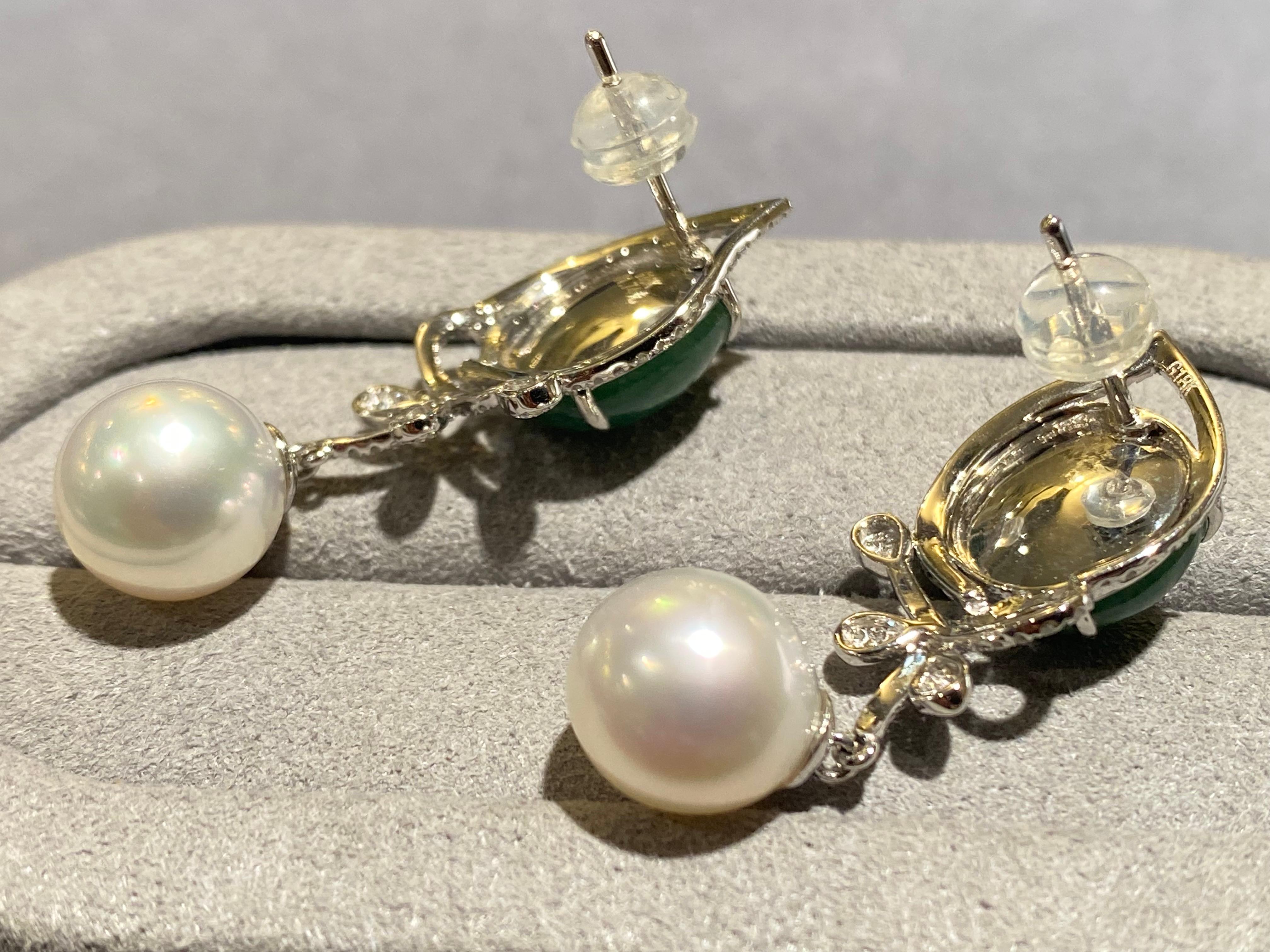 Contemporary Eostre Type A Green Jadeite, South Sea Pearl and Diamond Earrings in 18k Gold For Sale