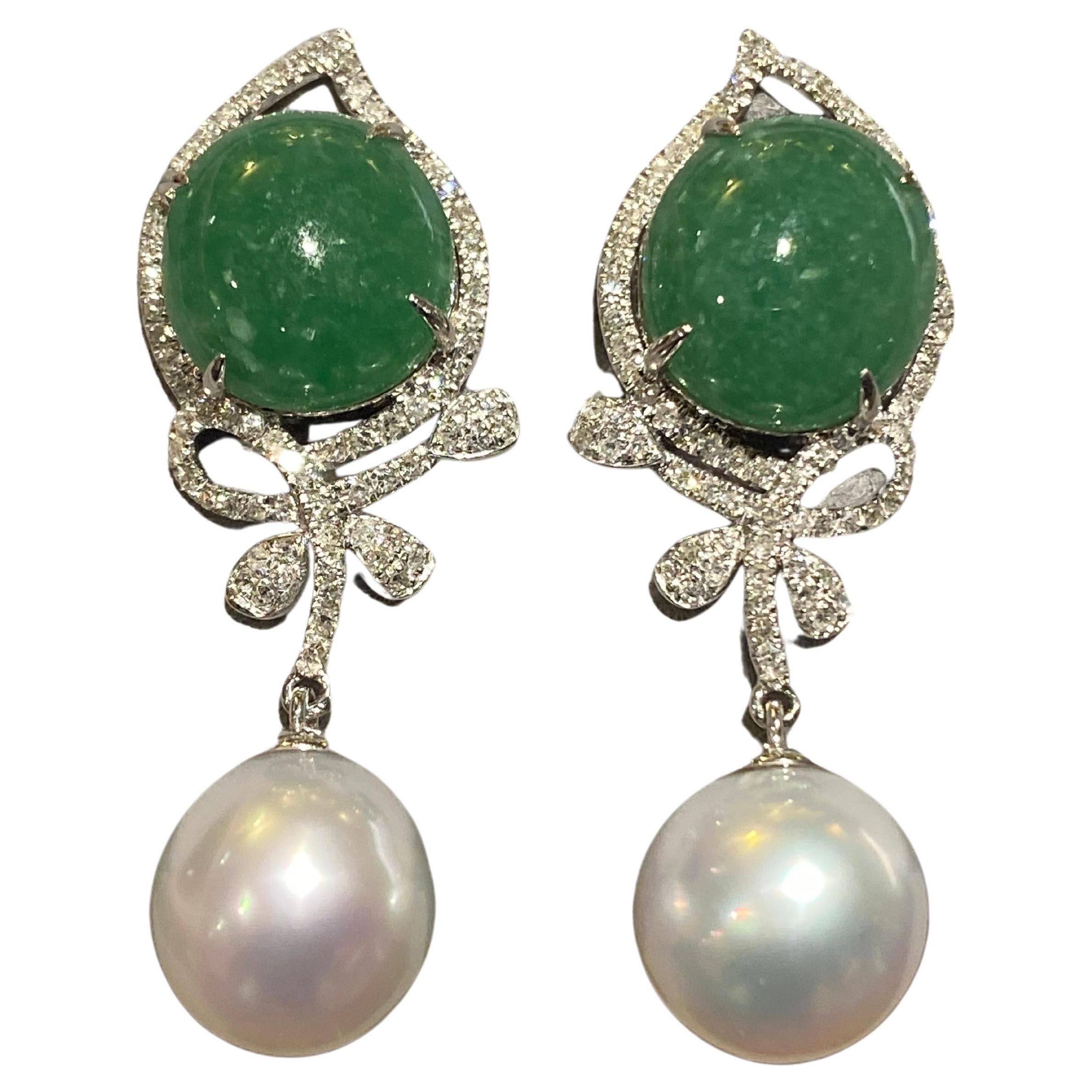 Eostre Type A Green Jadeite, South Sea Pearl and Diamond Earrings in 18k Gold For Sale