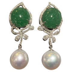 Eostre Type A Green Jadeite, South Sea Pearl and Diamond Earrings in 18k Gold
