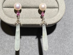 Eostre Type A Jadeite Akoya Pearl Pink Sapphire and Diamond Earrings in 18k Gold