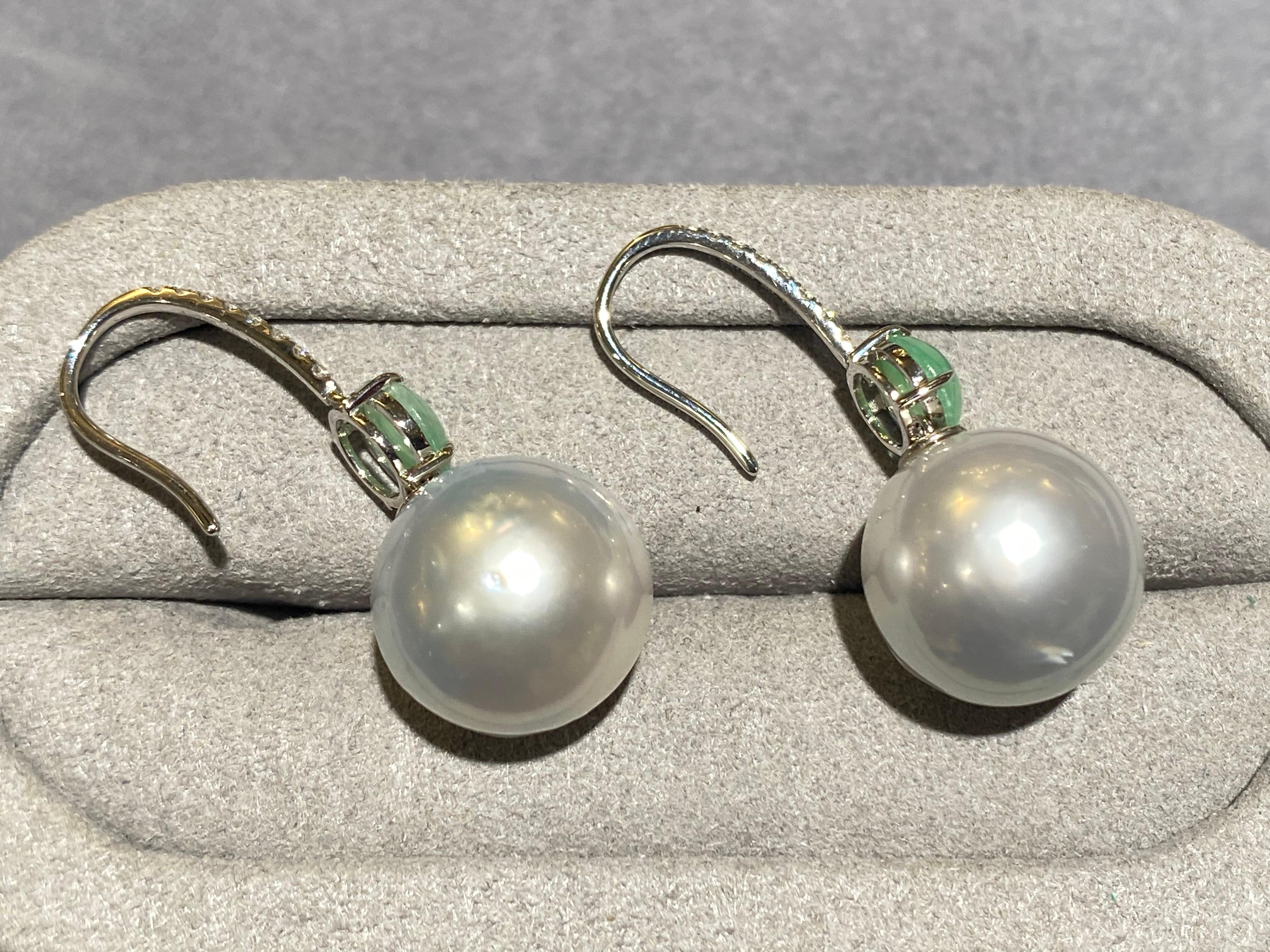Contemporary Eostre Type A Jadeite Australian South Sea Pearl and Diamond Earring in 18k Gold For Sale