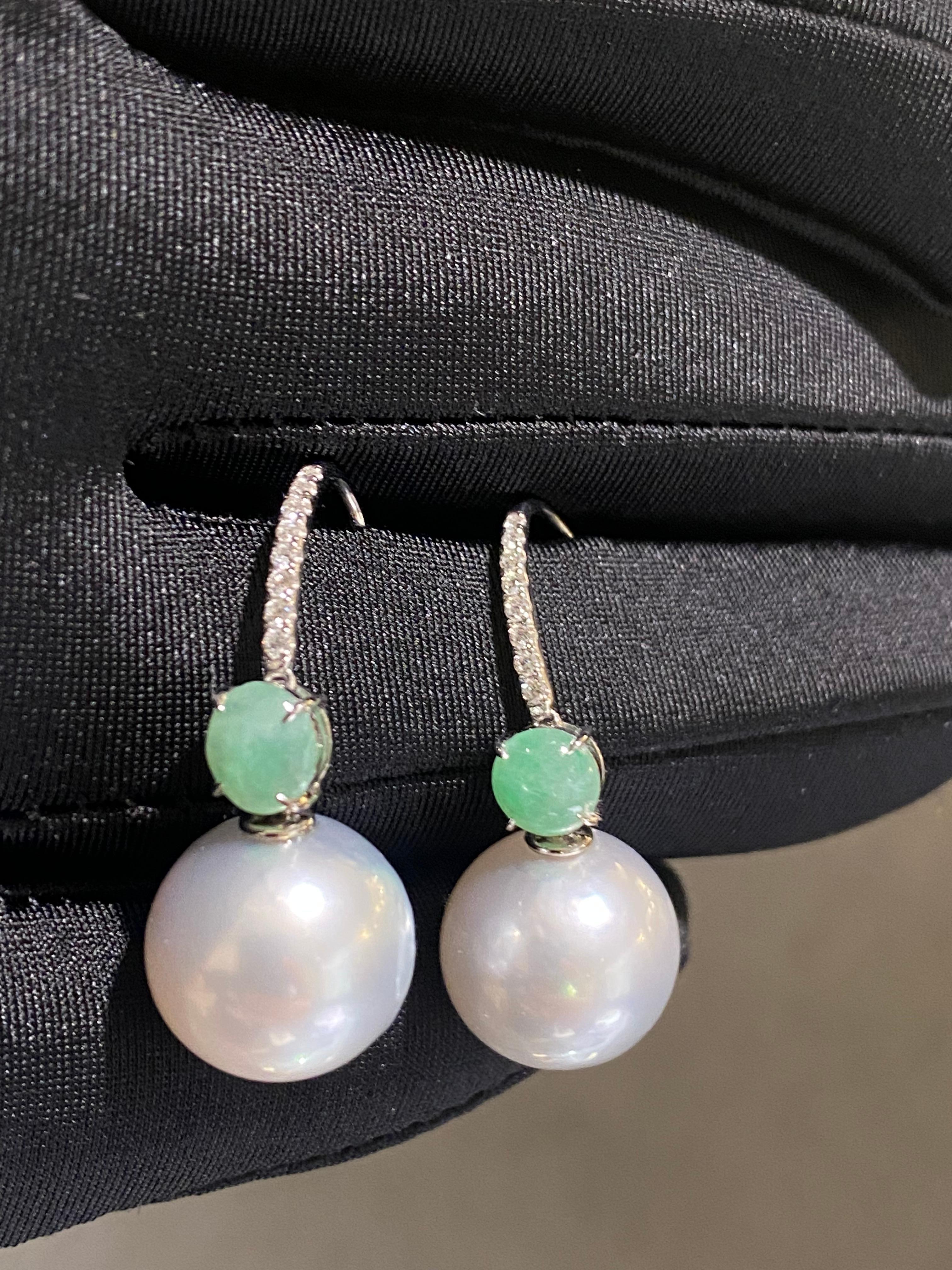Bead Eostre Type A Jadeite Australian South Sea Pearl and Diamond Earring in 18k Gold For Sale