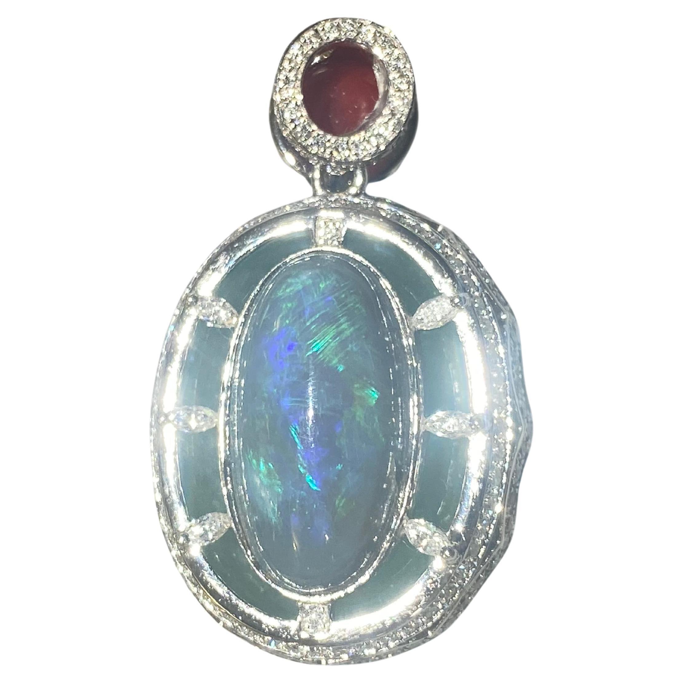 Eostre Type A Jadeite, Red Coral, Solid Opal and Diamond Pendant in 18k Gold For Sale