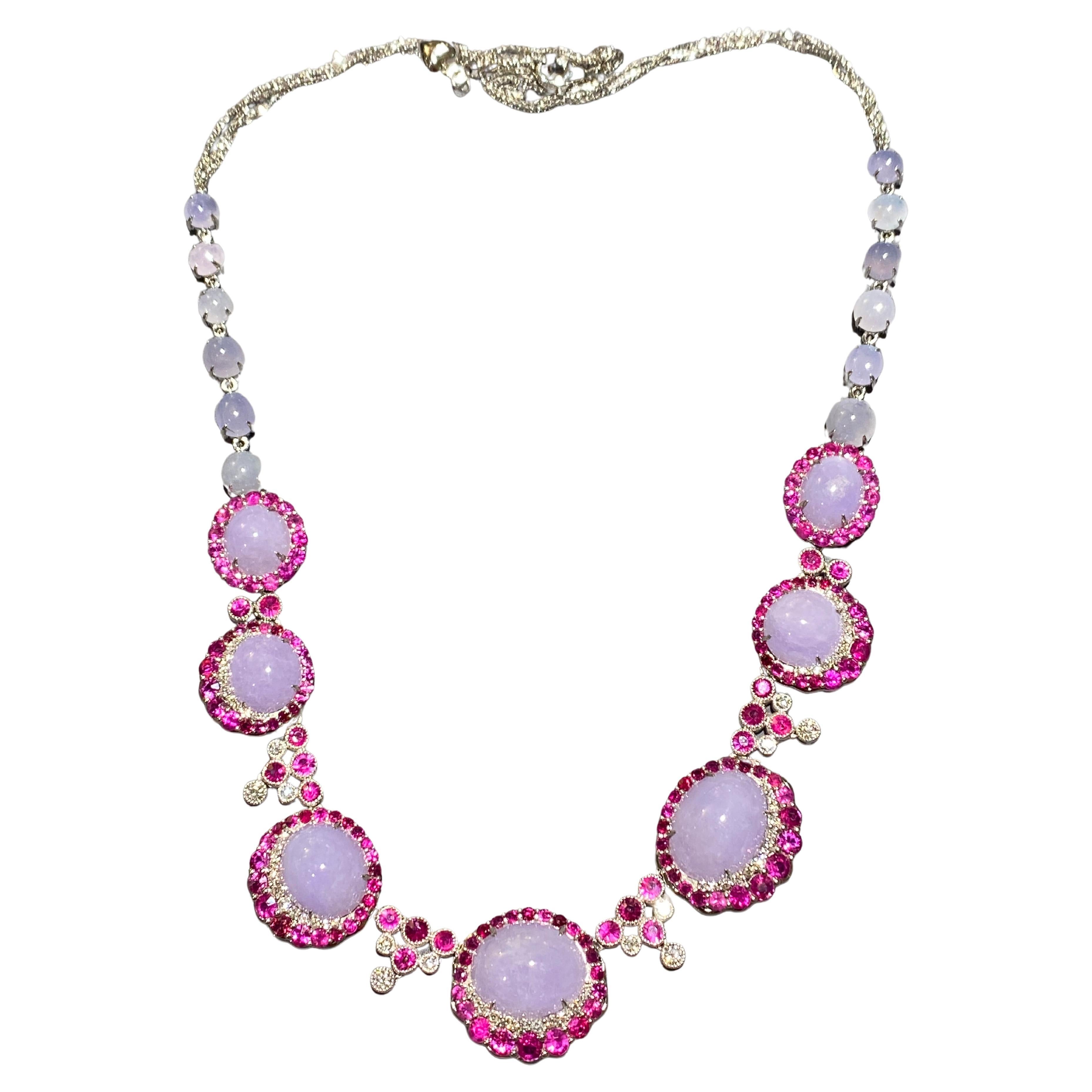 Eostre Type A Lavender Jadeite, Ruby and Diamond Necklace in 18k White Gold For Sale