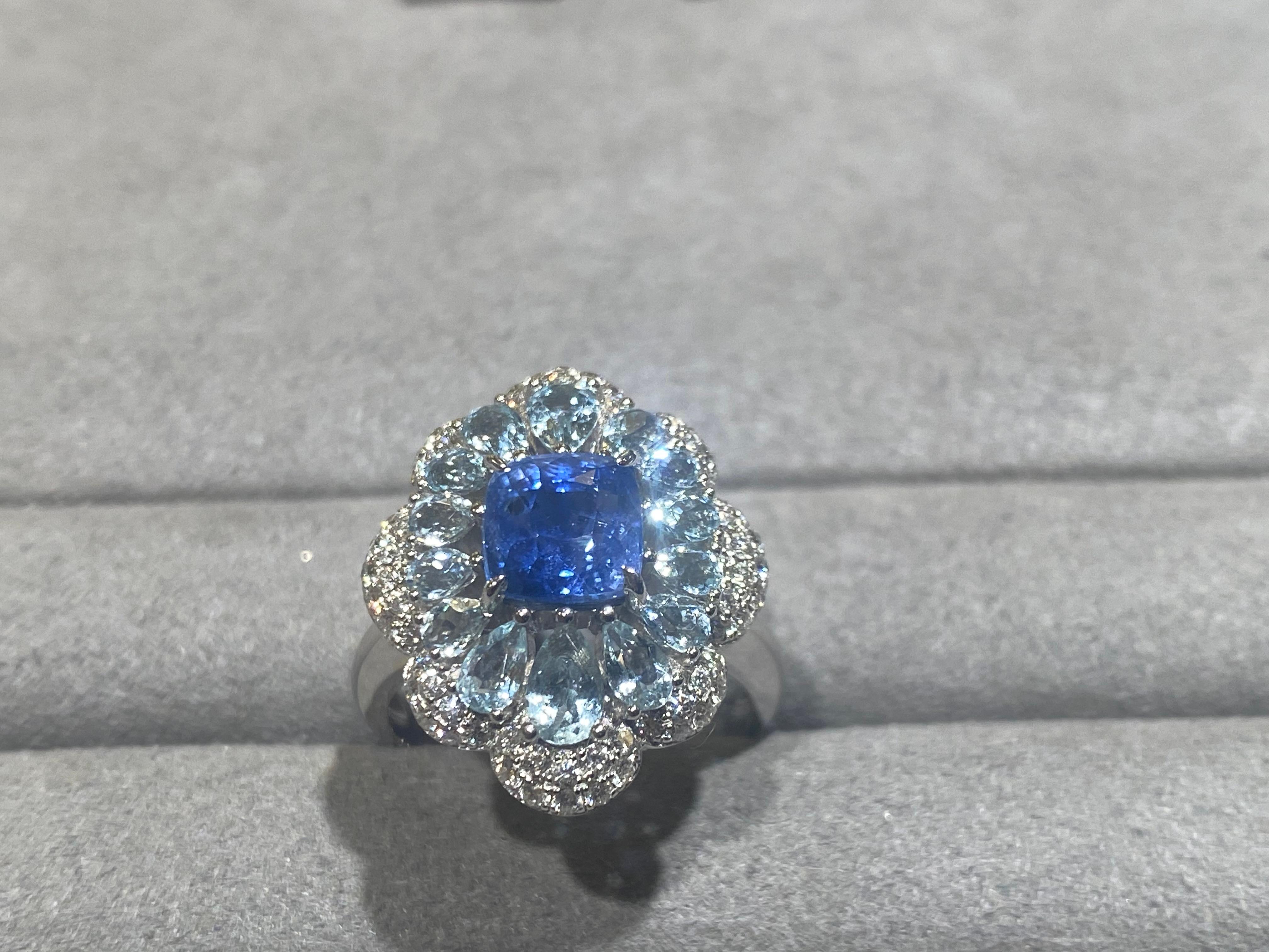 For Sale:  EOSTRE Unheated Sapphire, Aquamarine and Diamond Ring in 18K White Gold 2