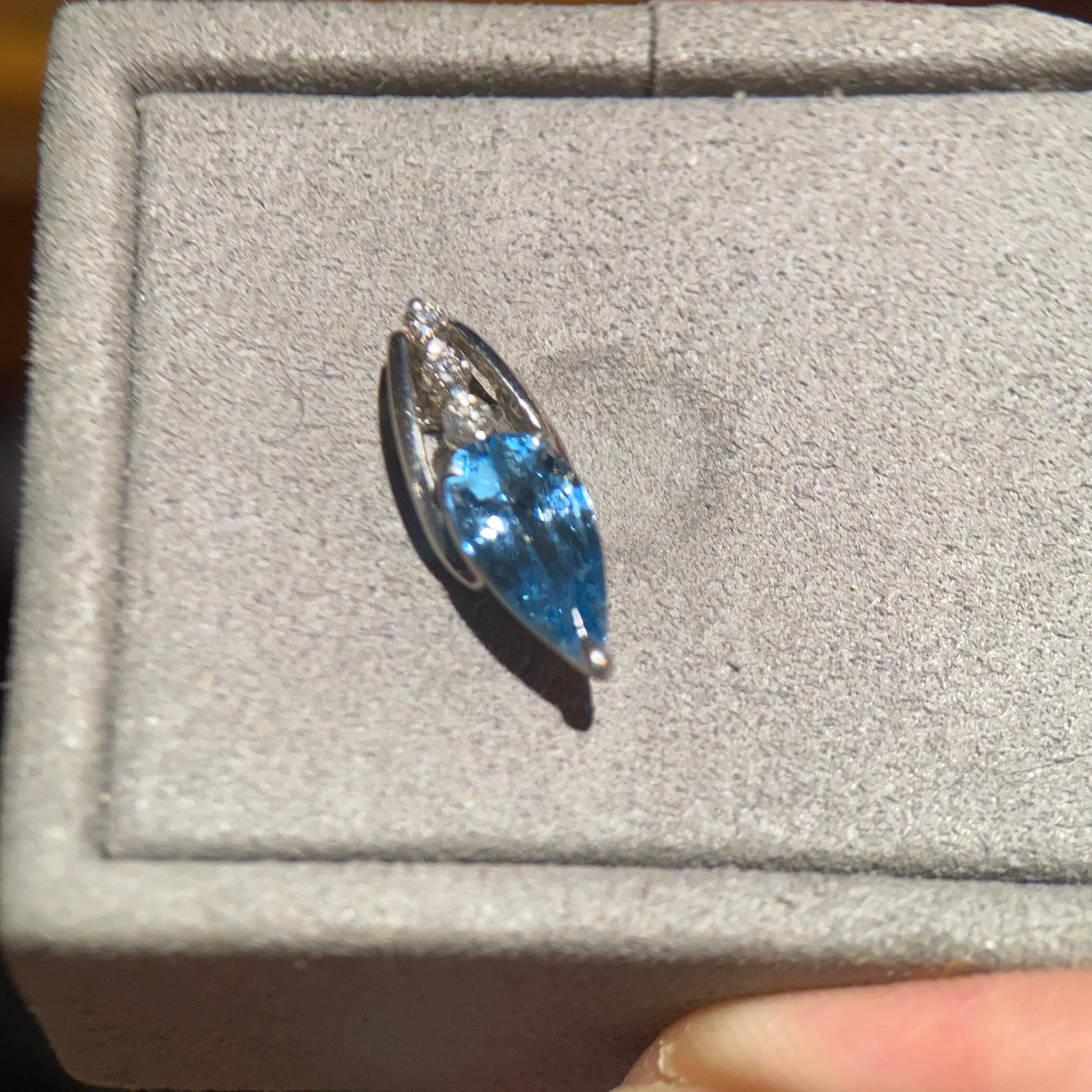 Pear Cut Eostre Vivid Blue Aquamarine and Diamond White Gold Pendant For Sale
