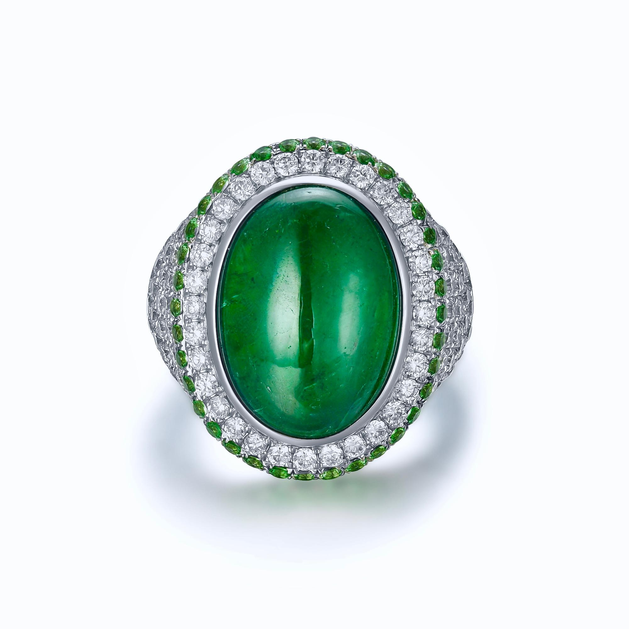 Contemporary Eostre Vivid Green Emerald, Tsavorite and Diamond 18k White Gold Ring For Sale