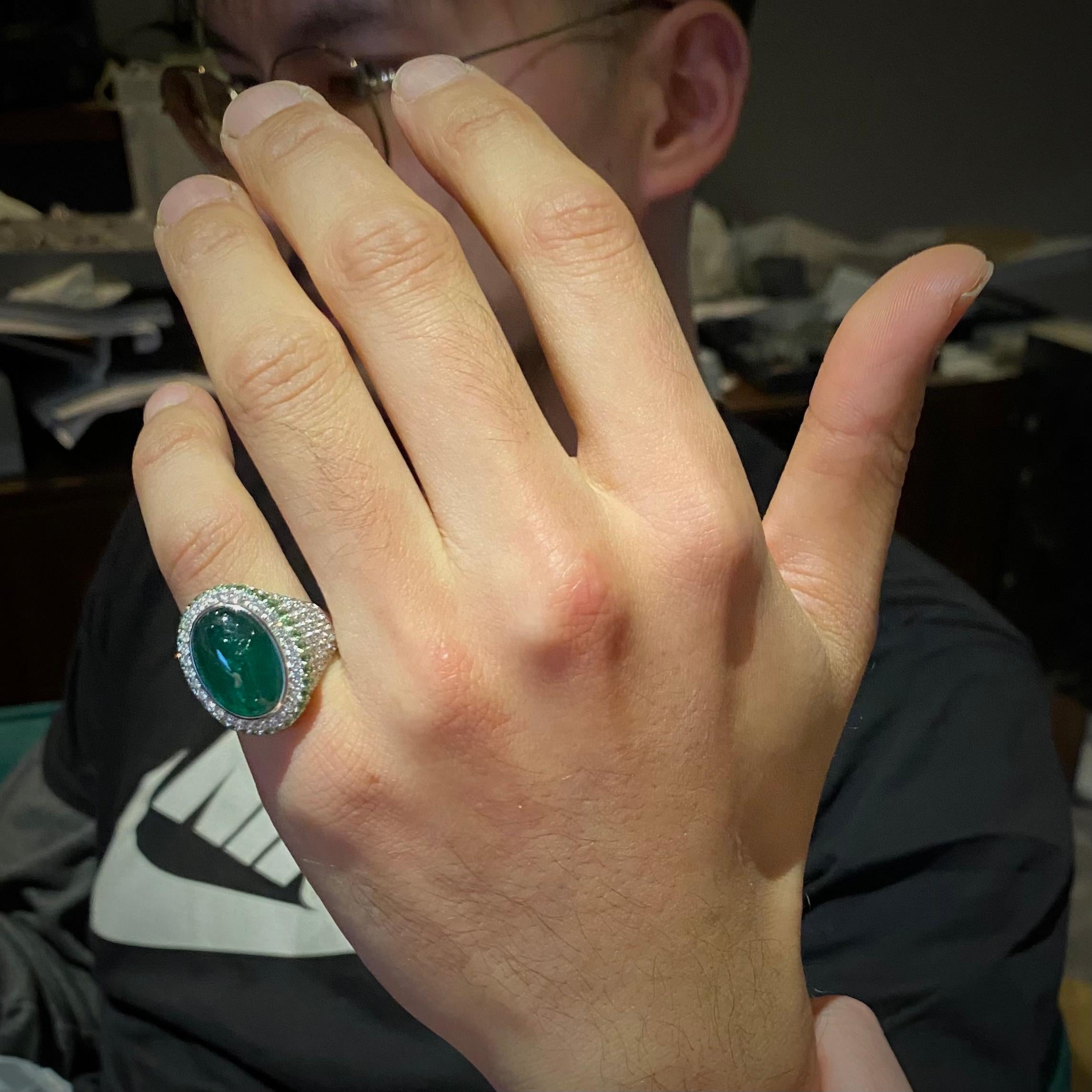 Oval Cut Eostre Vivid Green Emerald, Tsavorite and Diamond 18k White Gold Ring For Sale