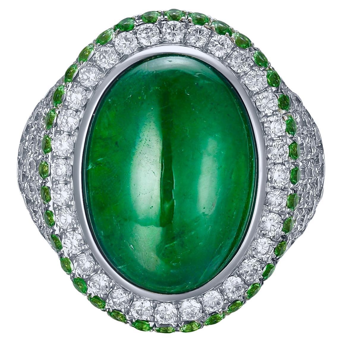 Eostre Vivid Green Emerald, Tsavorite and Diamond 18k White Gold Ring For Sale