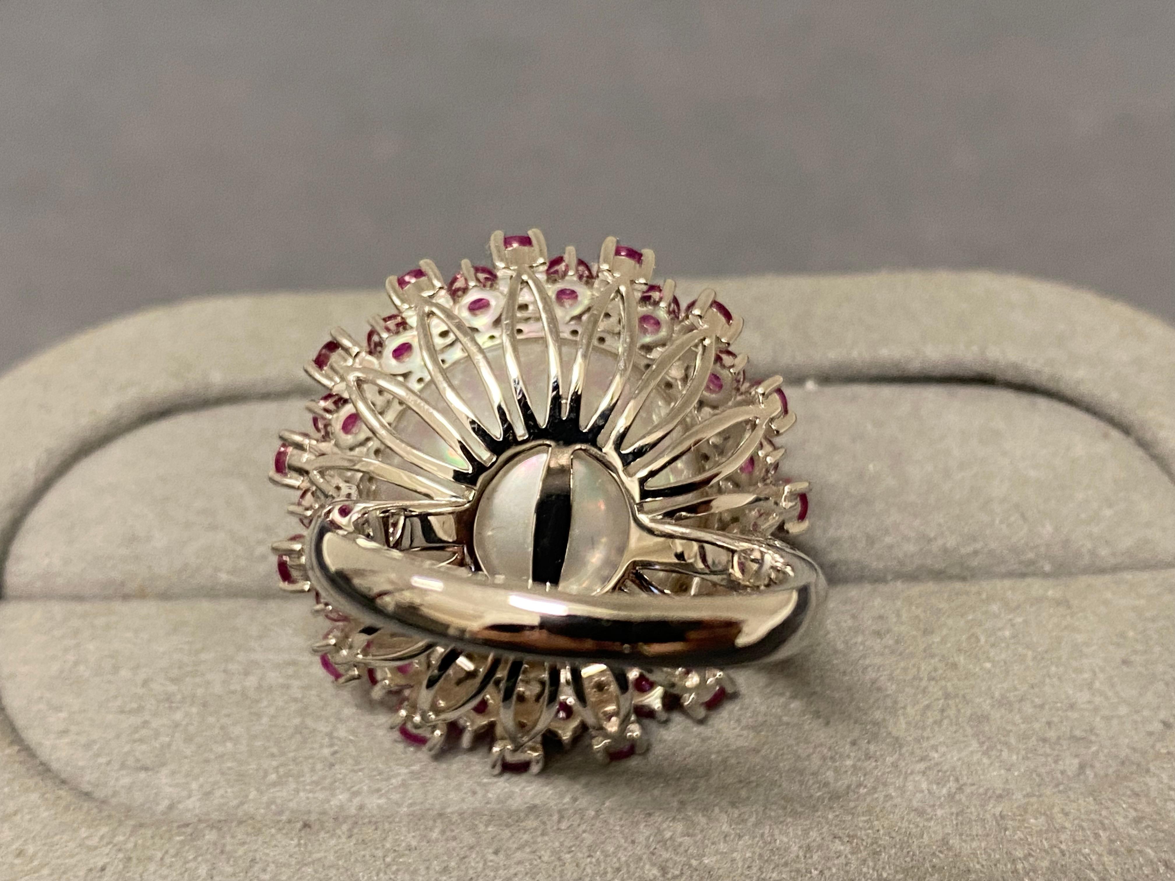 Eostre White Colour South Sea Pearl, Ruby and Diamond Ring in 18k White Gold In New Condition For Sale In Melbourne, AU