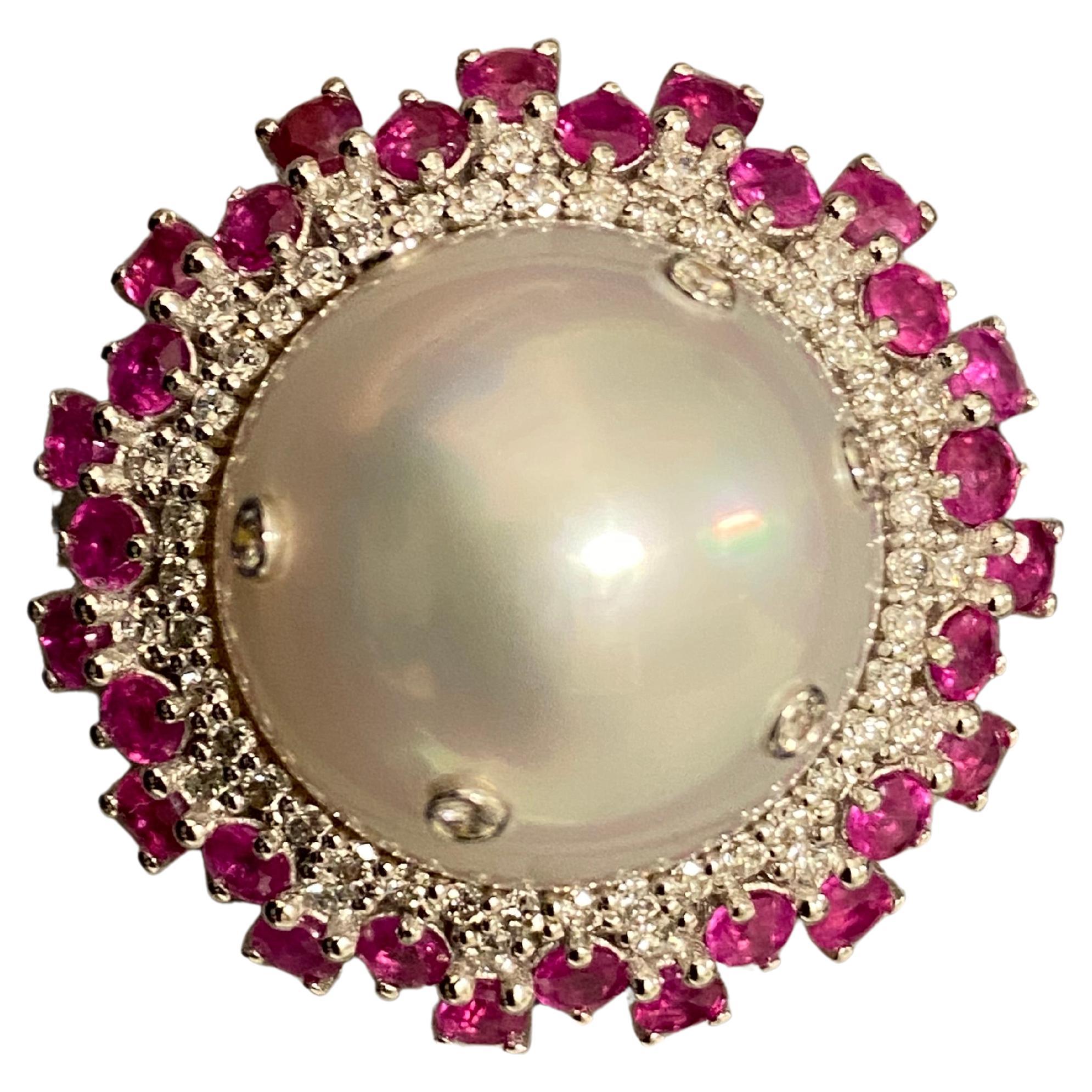 Eostre White Colour South Sea Pearl, Ruby and Diamond Ring in 18k White Gold