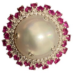 Eostre White Colour South Sea Pearl, Ruby and Diamond Ring in 18k White Gold