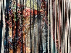 Crash, Abstract Textile Mixed Media Painting, Thread Relief, 47 x 43 Inches