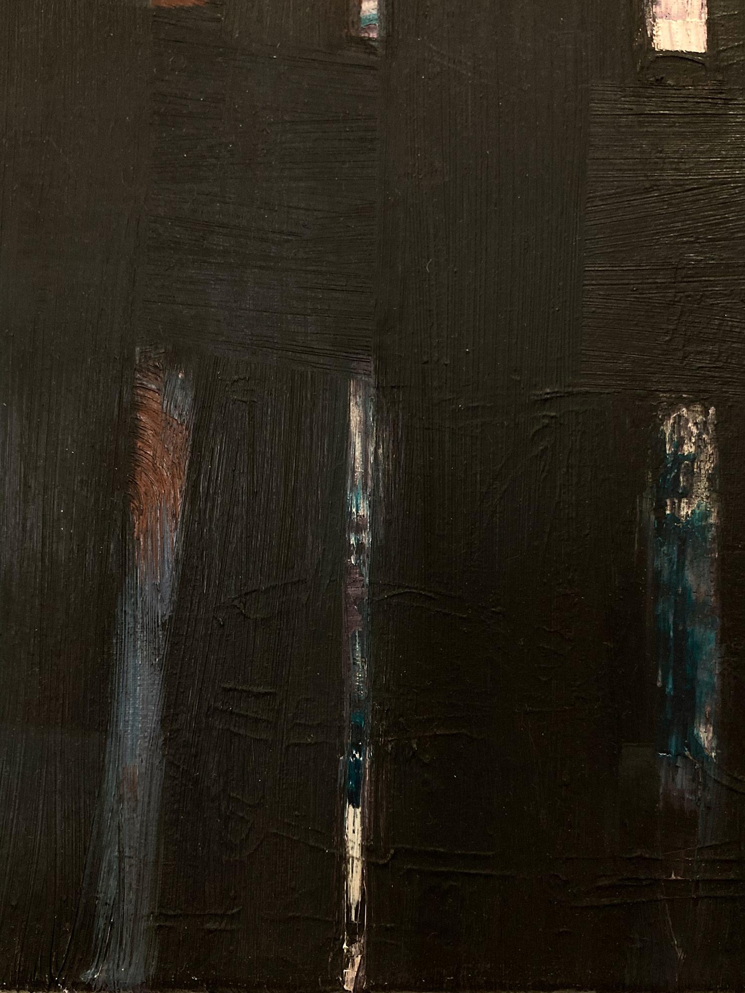 Dieses Stück ist eine kühne Darstellung von Eozen Agopians strukturell starken Stücken, mit einer intensiven Farbe von Schwarz und Knalleffekten von Blau, Rot und Weiß, imitiert Gefühle aus der Mitte des Jahrhunderts mit der Verwendung von Ölmalerei