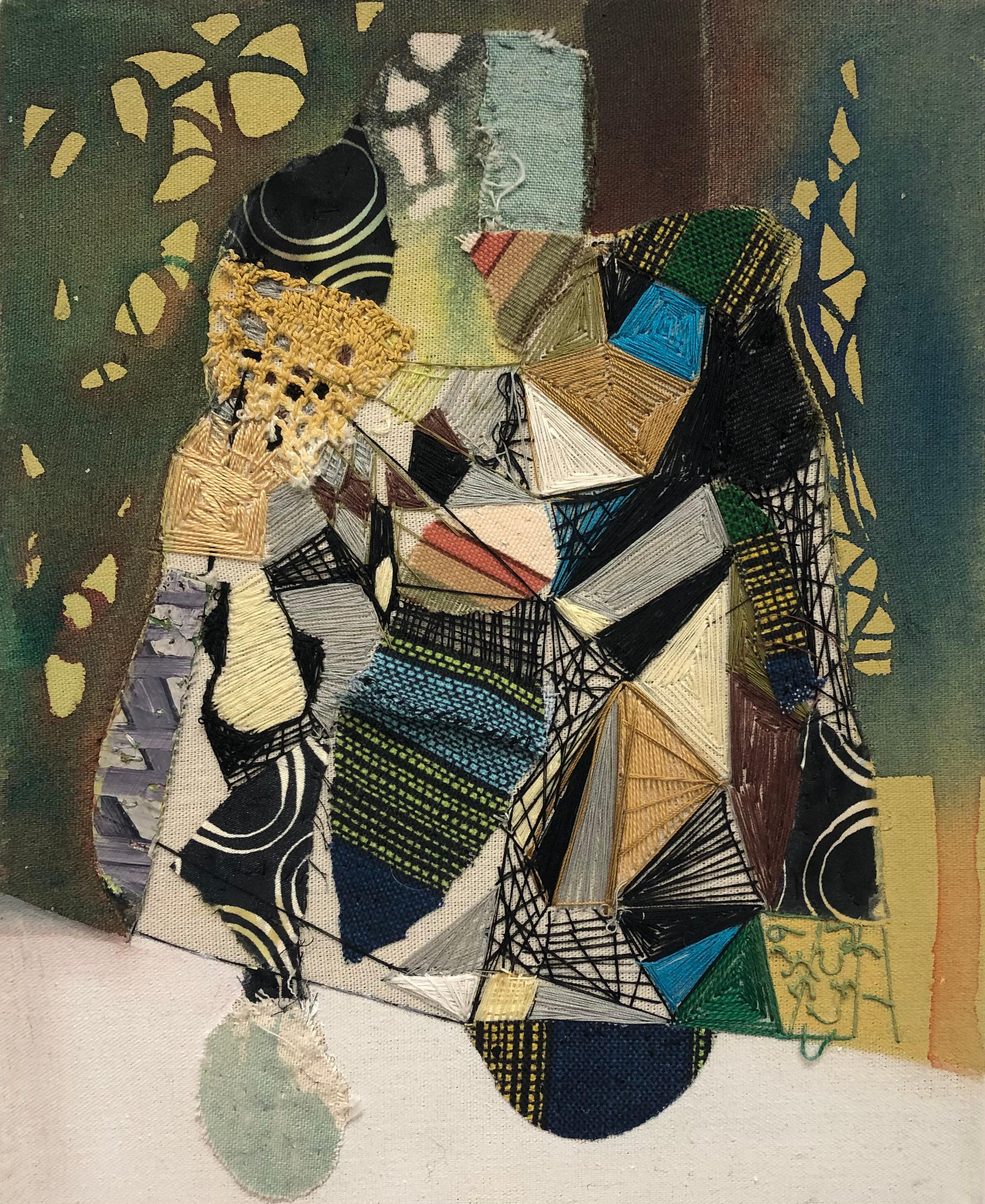 Abstract Painting de Eozen Agopian - Vaqueros y Amor, Obra de Arte Abstracta en Fibra y Textil, 8 x 10 pulg.