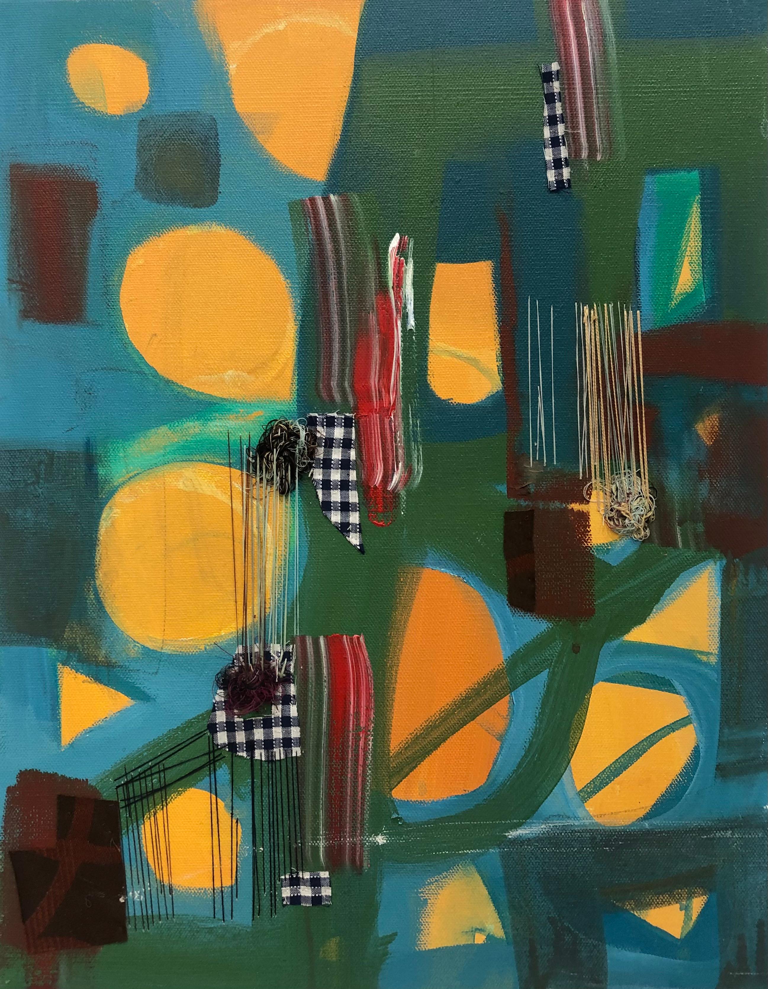 Sunset Enclosed, Handsewn Abstract Textured Textile Collage, Fiber Art Blue Gold - Mixed Media Art by Eozen Agopian