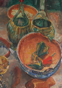 E.P - Huile encadre du 20me sicle, nature morte de rcipients colors