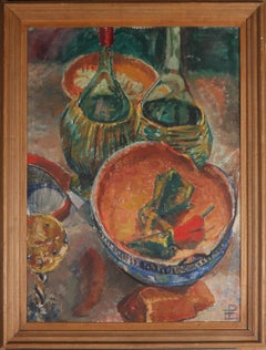 E.P - Huile encadre du 20me sicle, nature morte de rcipients colors