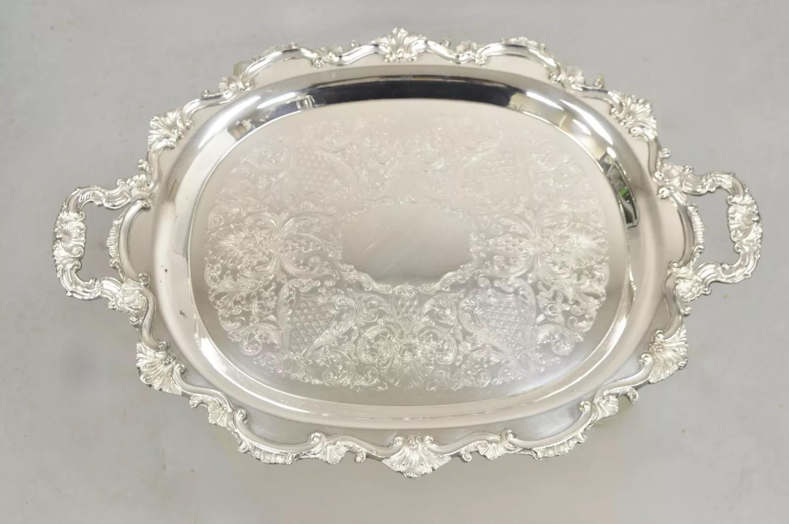 Vintage EPCA Bristol Silverplate by Poole 145 Silver Plated Victorian Style Serving Tray. Circa Mid 20th Century. Measurements: 3