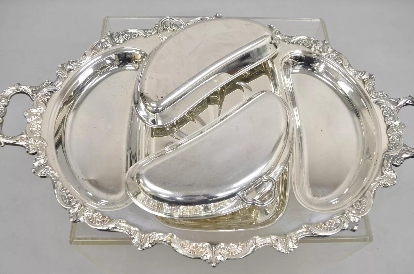 EPCA Plato de plata inglesa antigua de Poole 5036 Cubiertos Bandeja de servir. El artículo incluye (2) tapas extraíbles, asas gemelas ornamentadas y sello original. Mediados del siglo XX. Medidas: 3