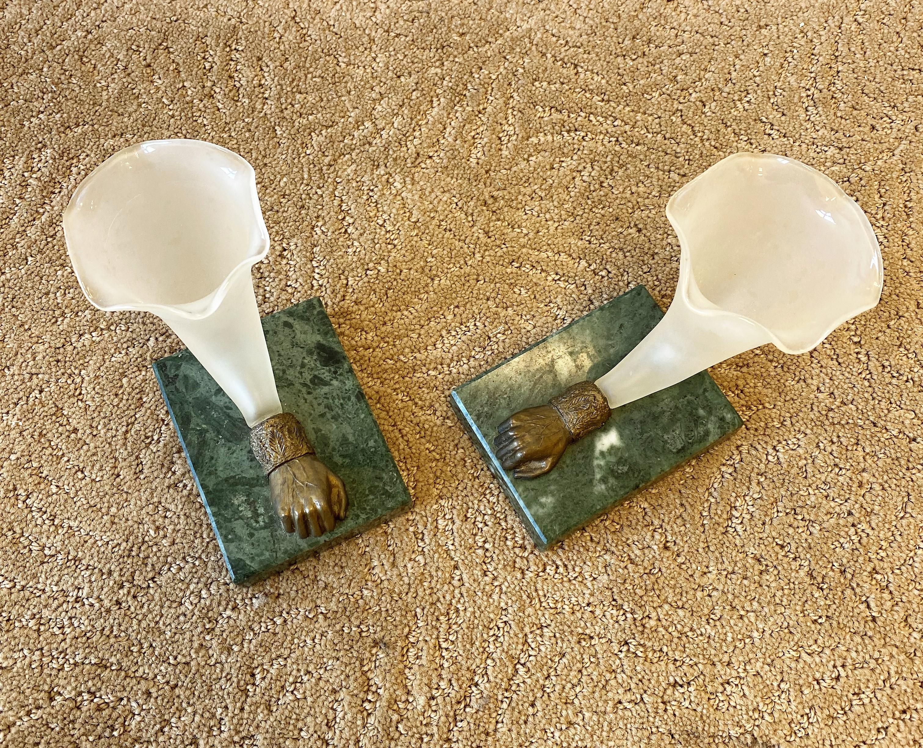 Bronze Fists White Glass and Dark Green Marble Vases, Pair For Sale 1