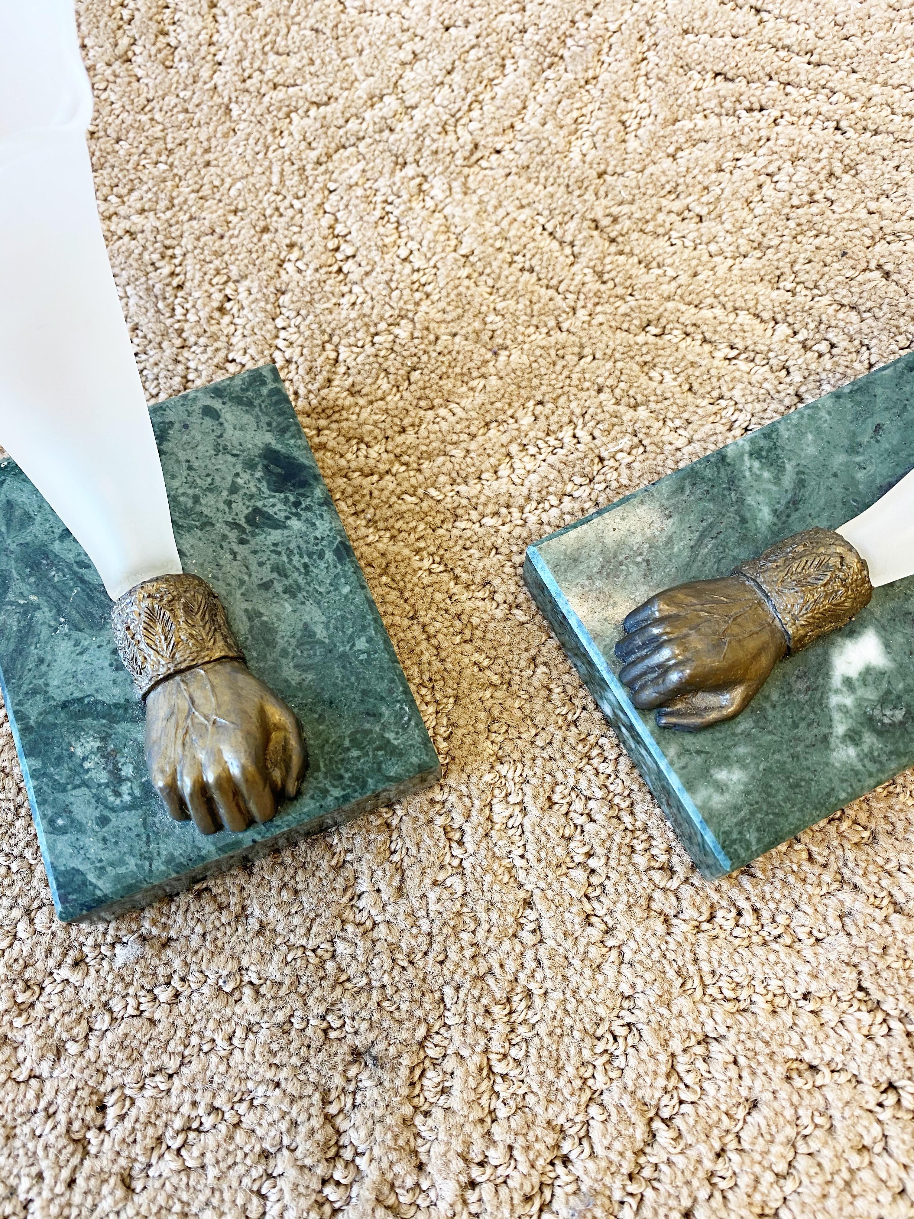 Bronze Fists White Glass and Dark Green Marble Vases, Pair For Sale 3