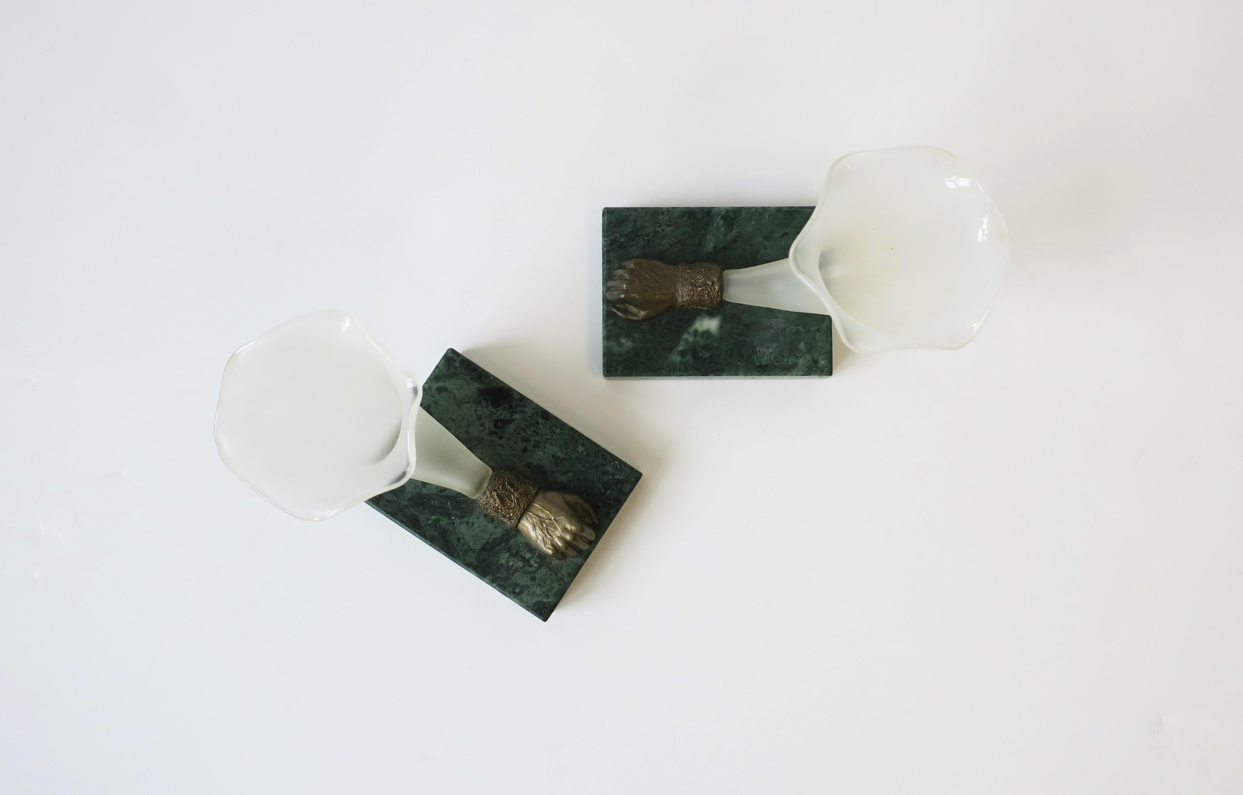 Bronze Fists White Glass and Dark Green Marble Vases, Pair For Sale 2