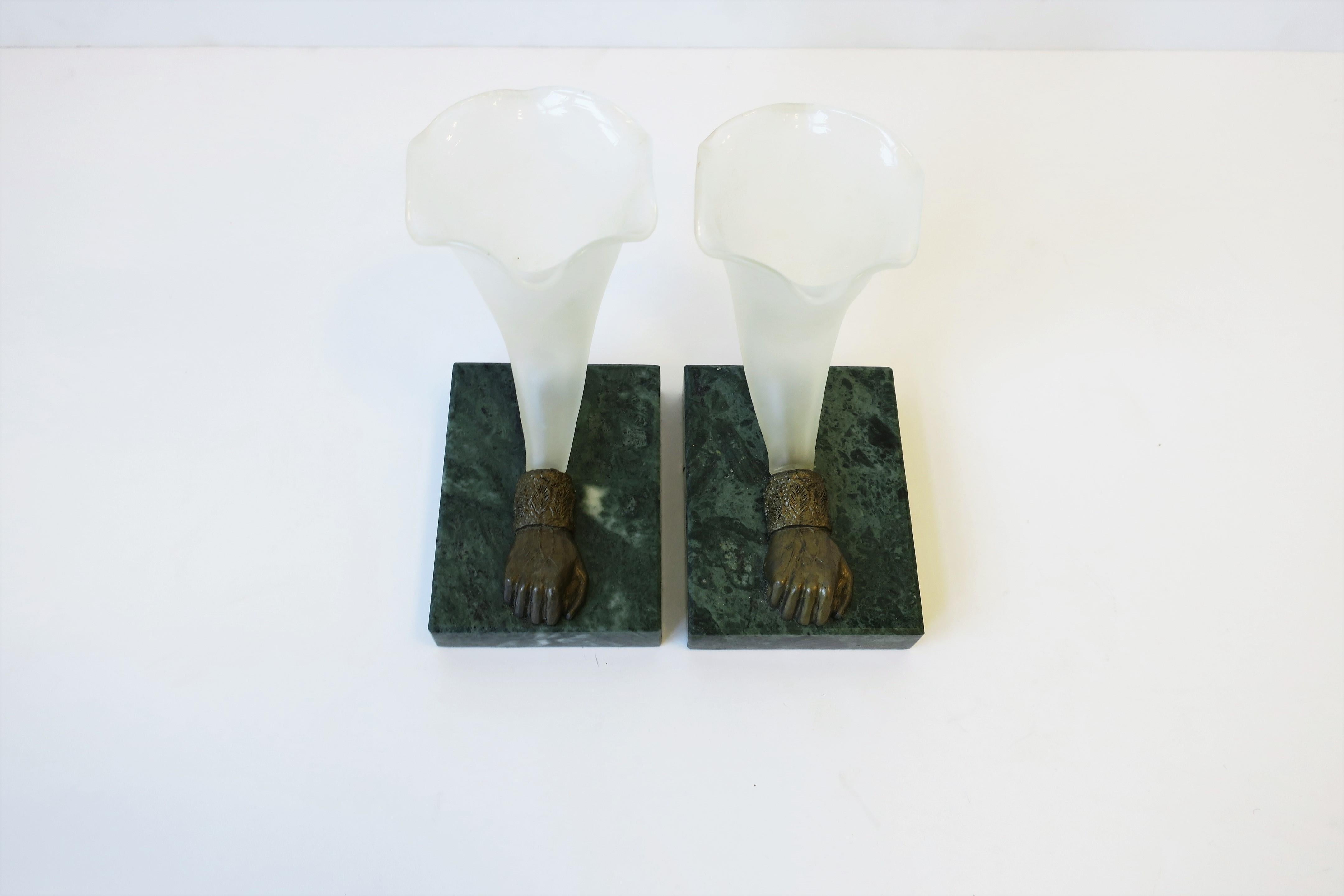 Bronze Fists White Glass and Dark Green Marble Vases, Pair For Sale 8