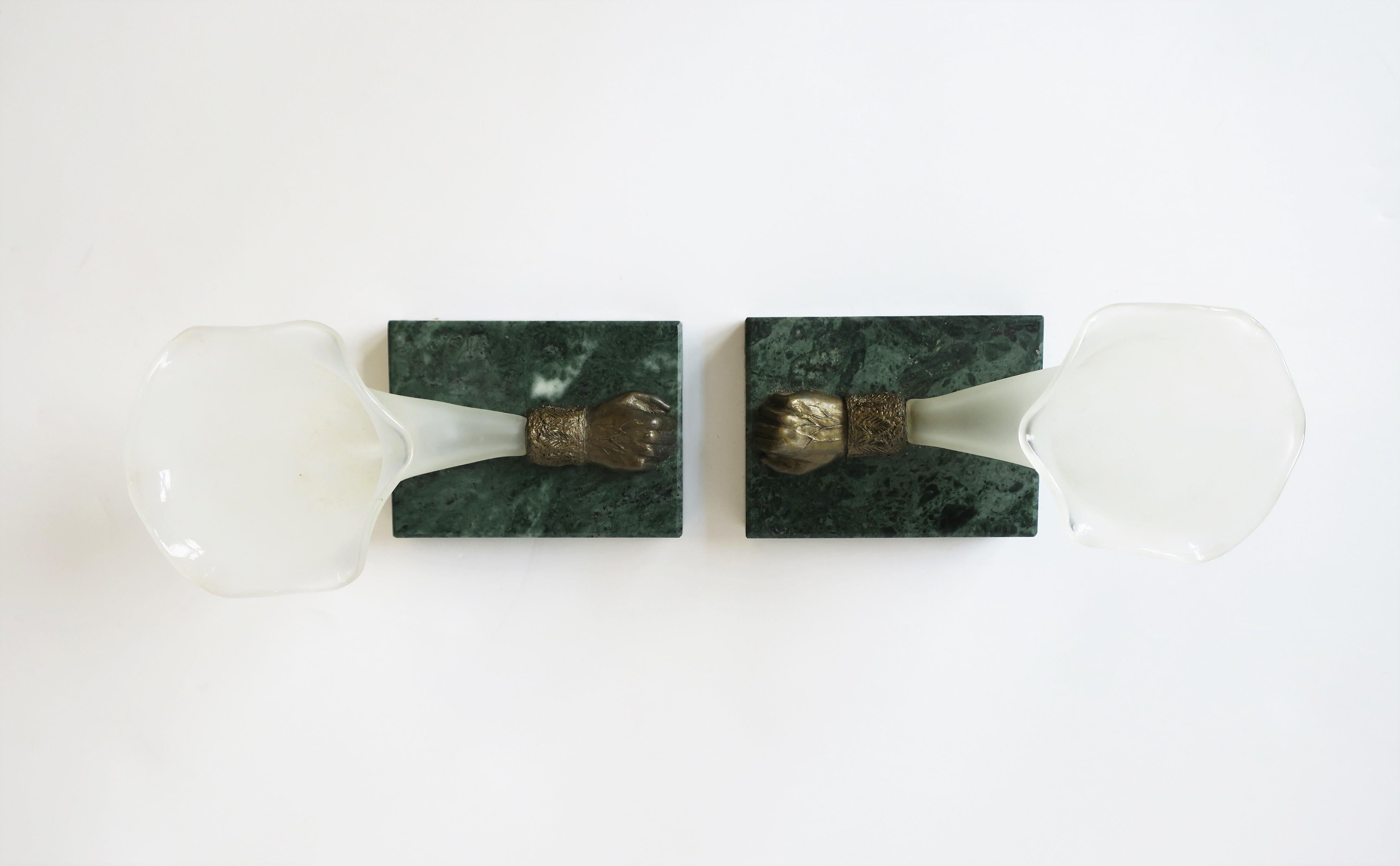 Bronze Fists White Glass and Dark Green Marble Vases, Pair For Sale 6