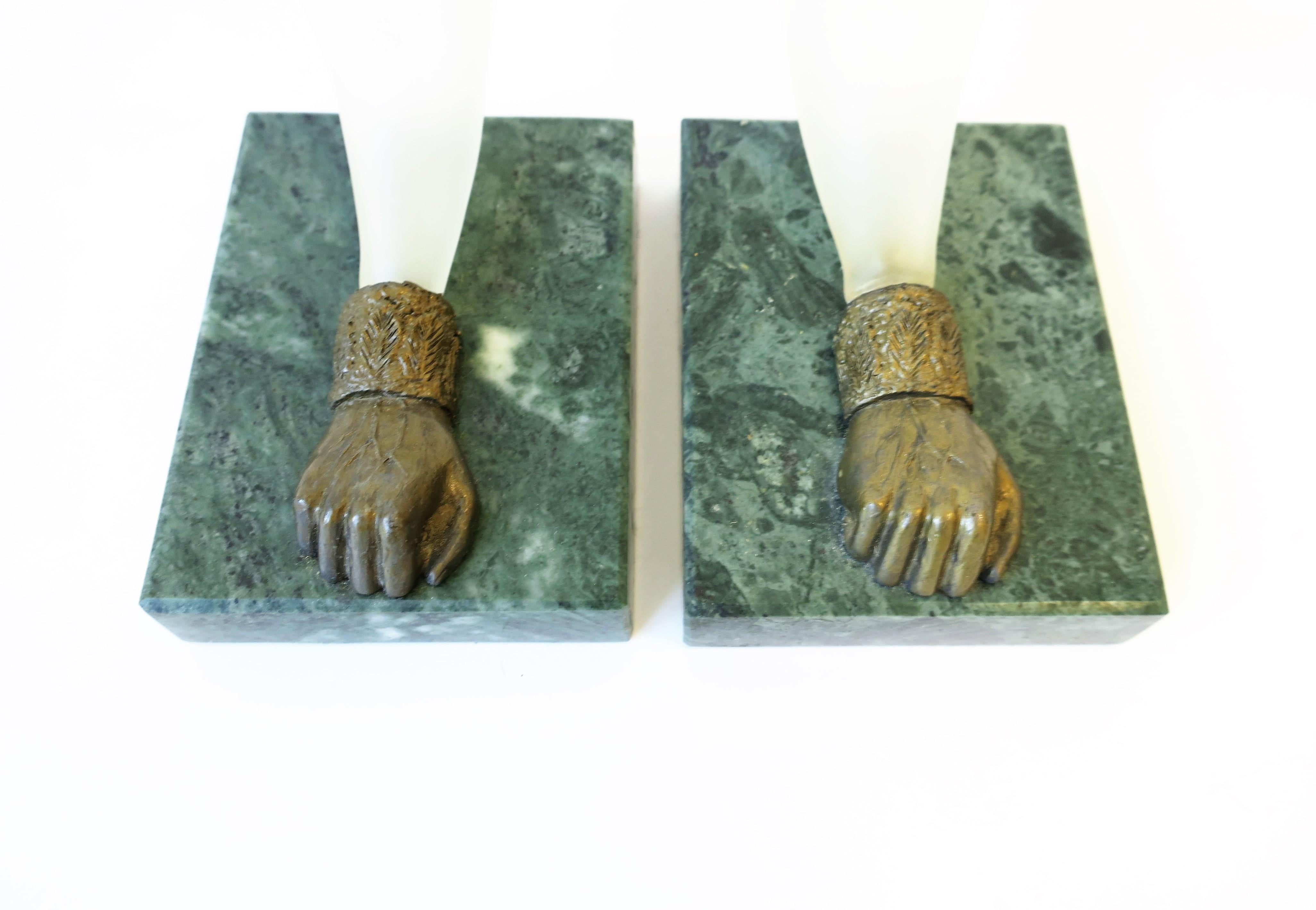 Bronze Fists White Glass and Dark Green Marble Vases, Pair For Sale 9