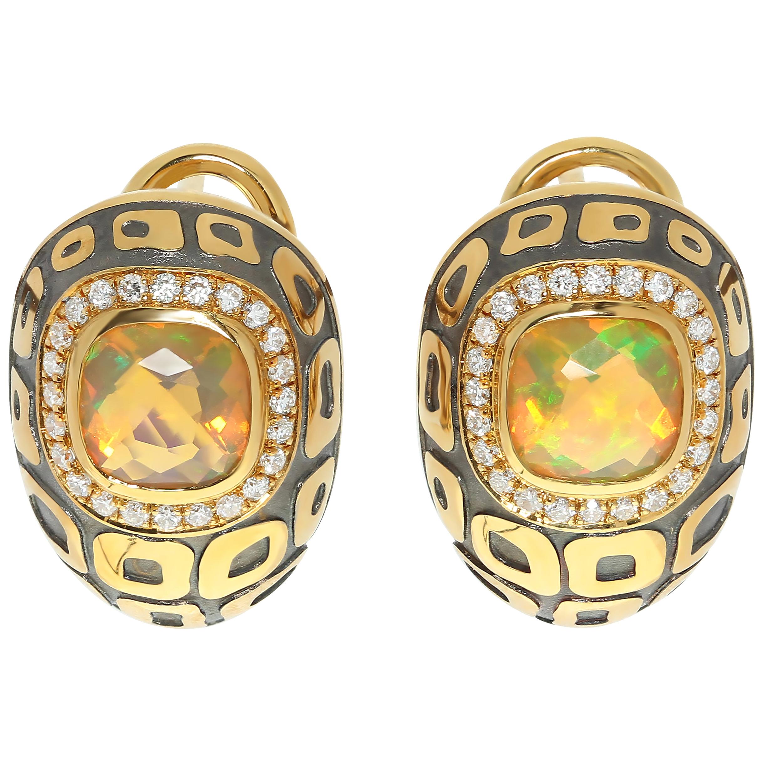 Ethiopian Opal 0.99 Carat Diamonds 18 Karat Yellow and Black Gold Earrings For Sale