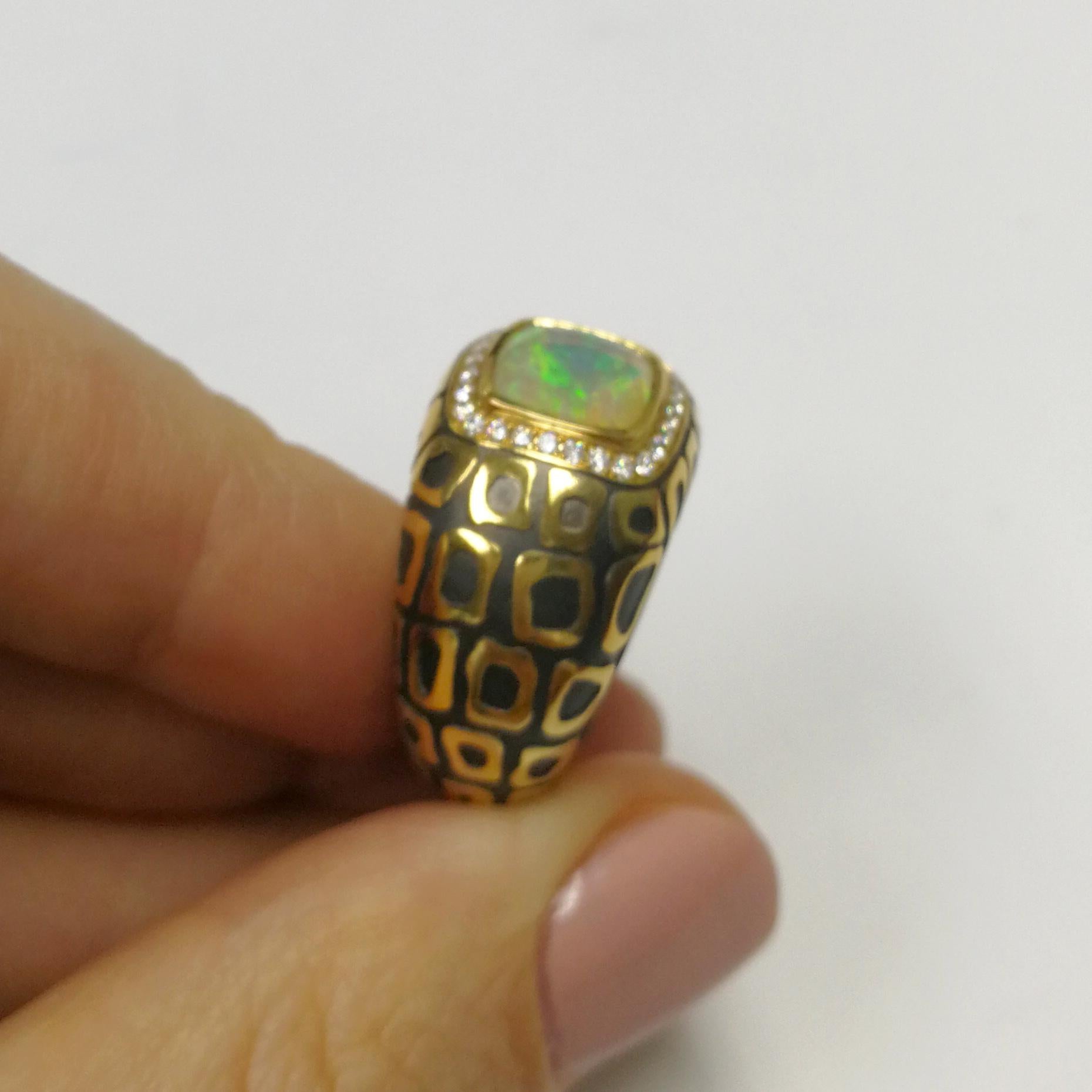 Contemporary Ethiopian Opal 1.27 Carat Diamonds 18 Karat Yellow and Black Gold Ring